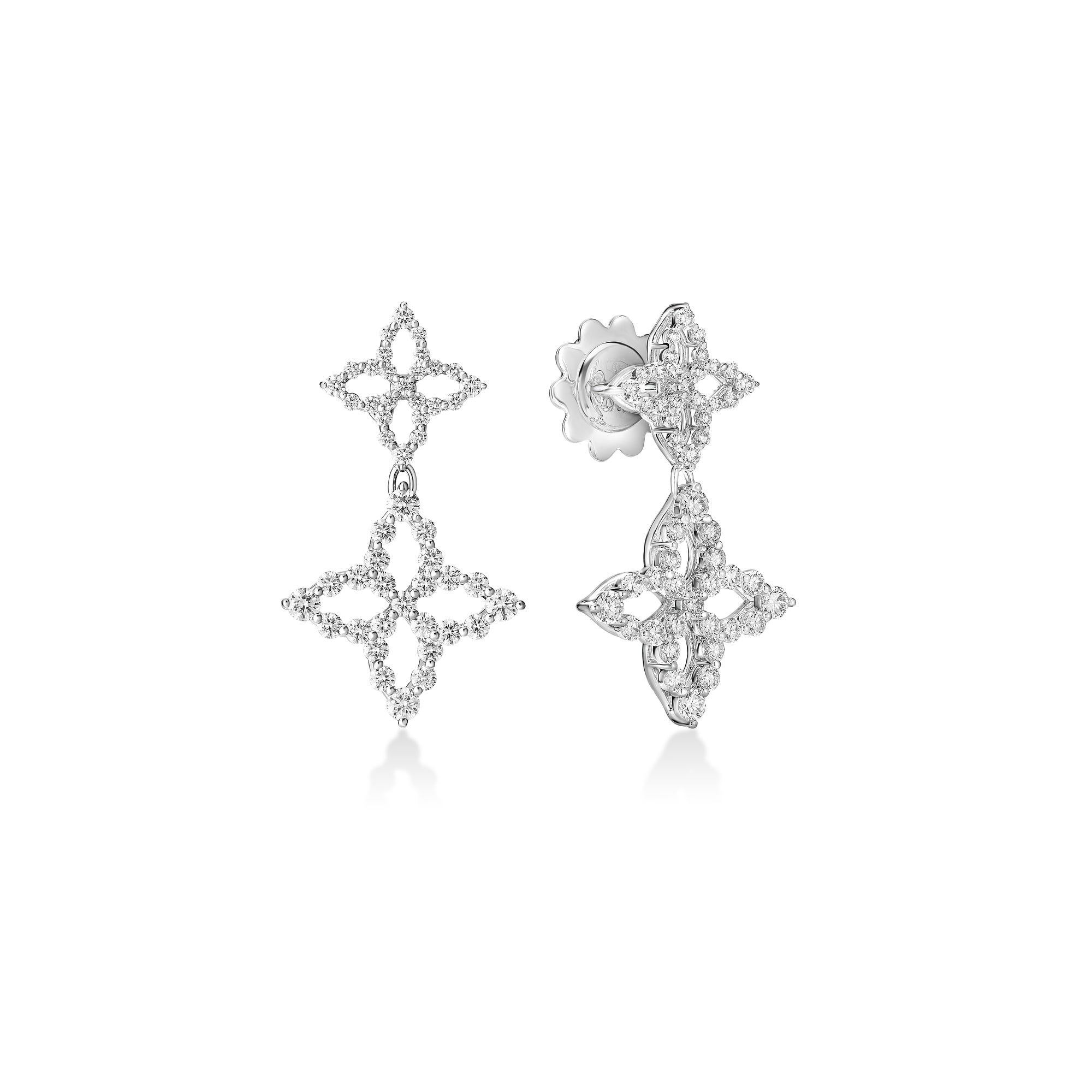 18K WHITE GOLD DIAMOND PRINCESS OUTLINE FLOWER DANGLE EARRINGS