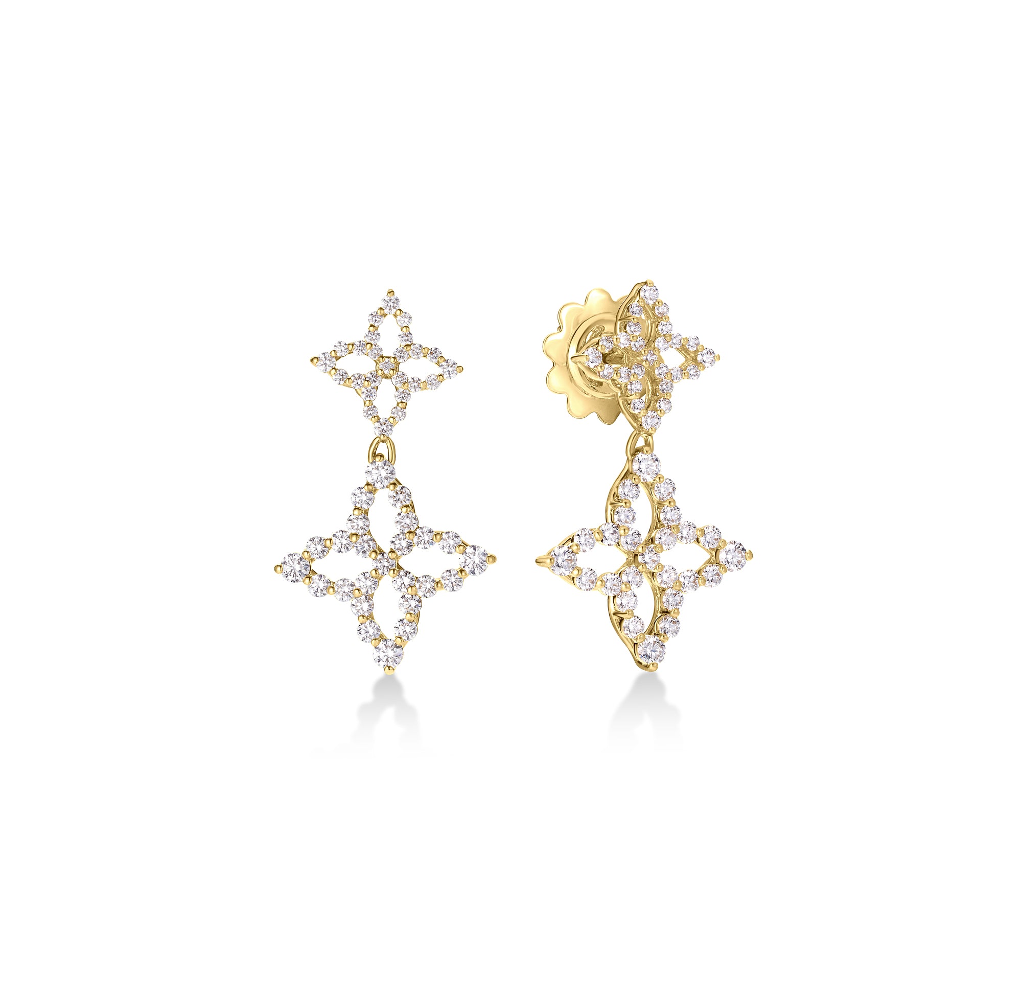 18K YELLOW GOLD DIAMOND PRINCESS OUTLINE FLOWER DANGLE EARRINGS
