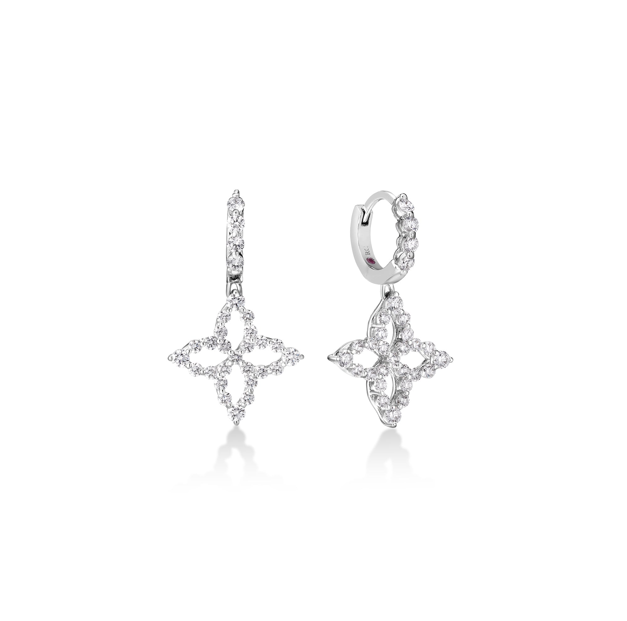 18K WHITE GOLD DIAMOND PRINCESS OUTLINE FLOWER DROP EARRINGS