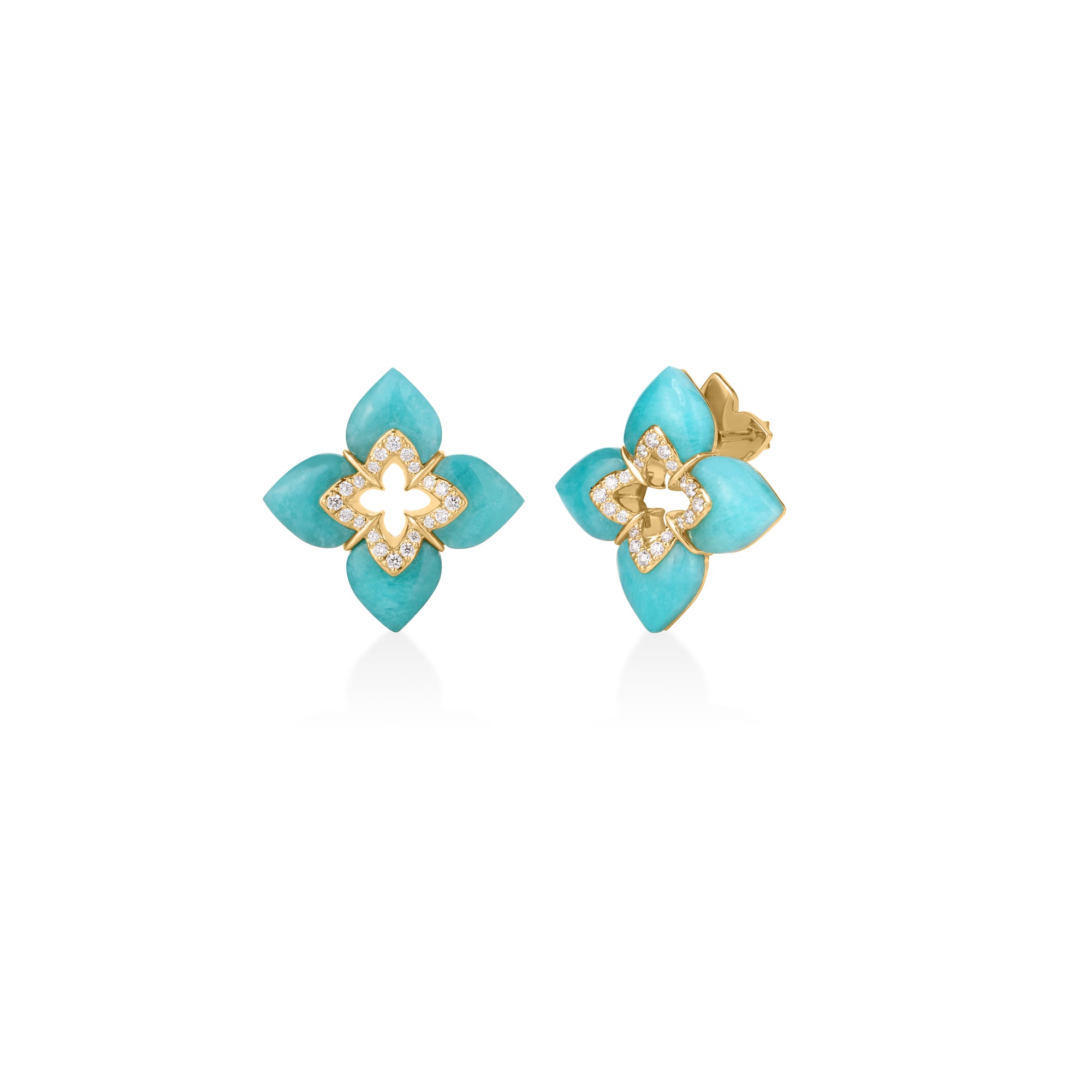 18K YELLOW GOLD VENETIAN PRINCESS CABOCHON DIAMOND & AMAZONITE FLOWER STUD EARRINGS