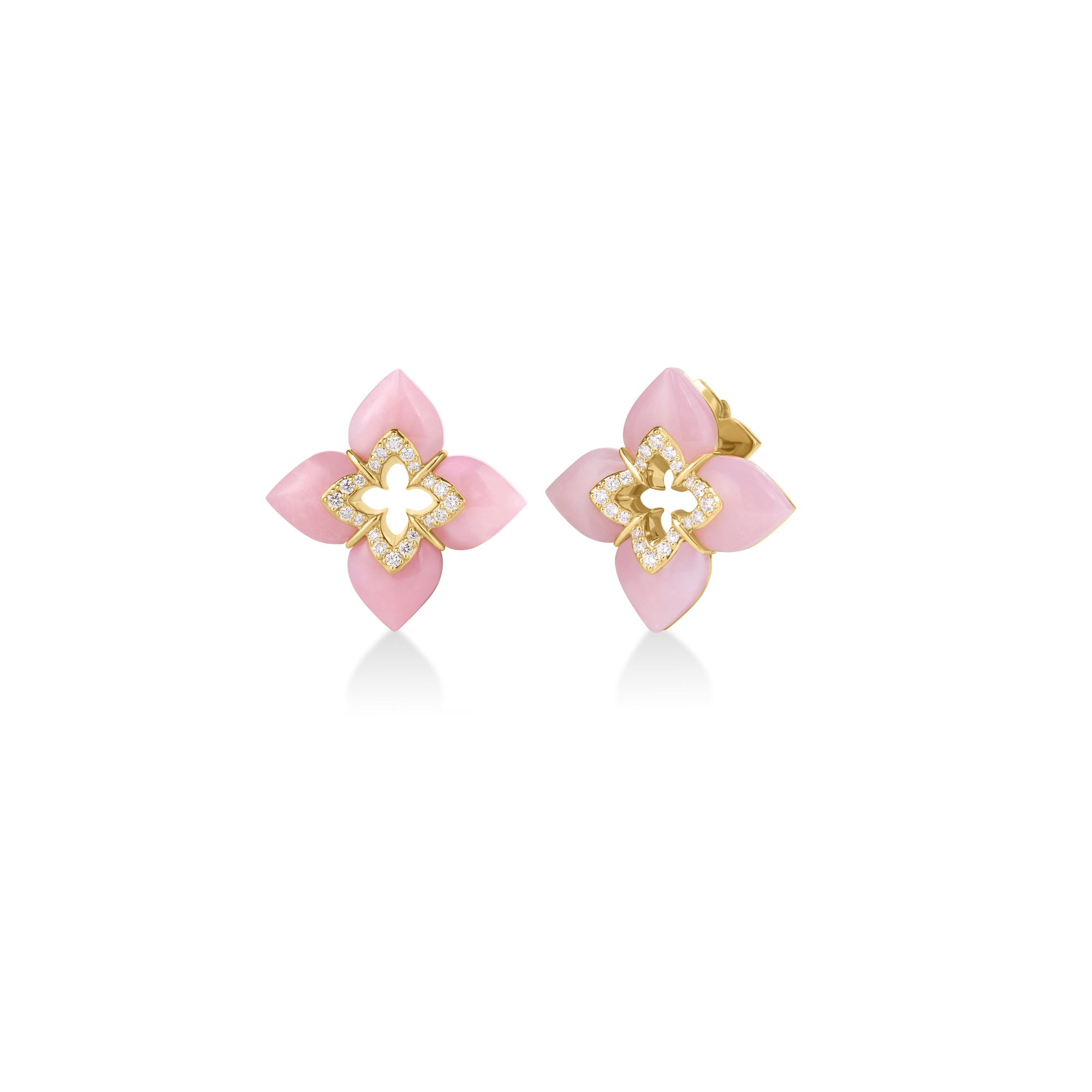 18K YELLOW GOLD VENETIAN PRINCESS CABOCHON DIAMOND & PINK OPAL FLOWER STUD EARRINGS
