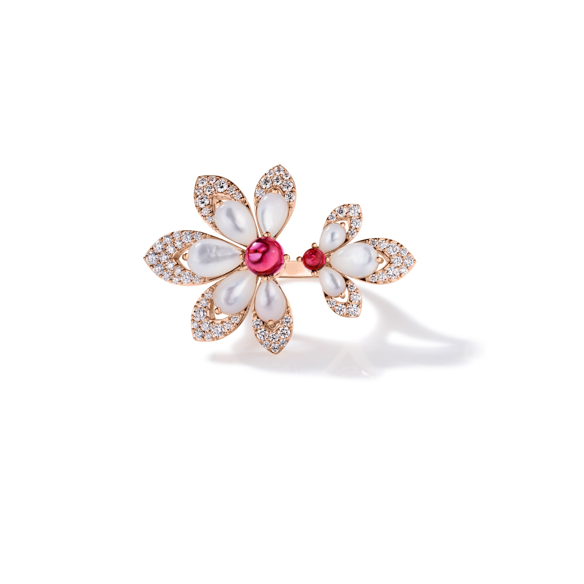 18K ROSE GOLD TIARE' DIAMOND, RUBELLITE, & MOTHER OF PEARL RING