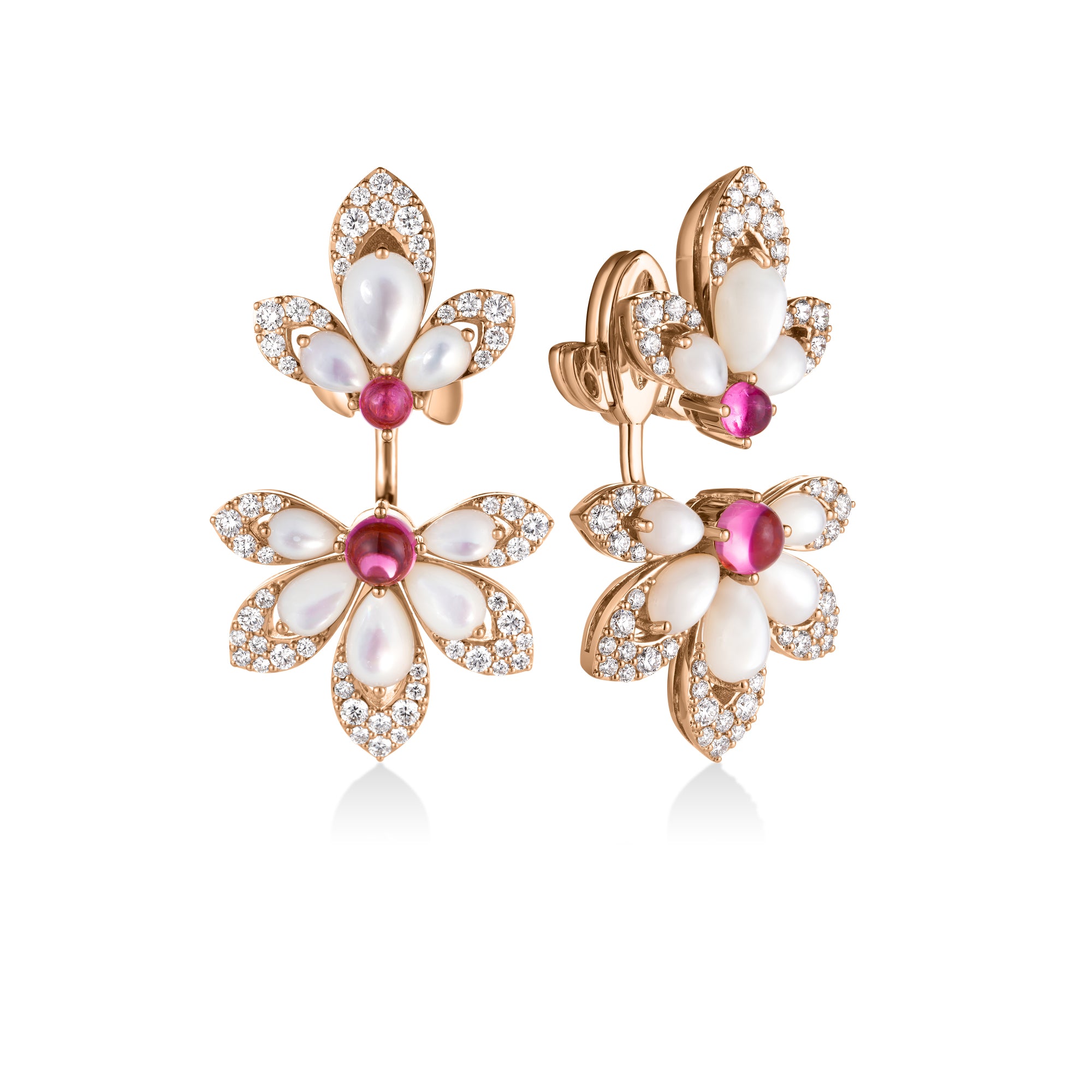 18K ROSE GOLD TIARE' DIAMOND, RUBELLITE, & MOTHER OF PEARL DROP EARRINGS