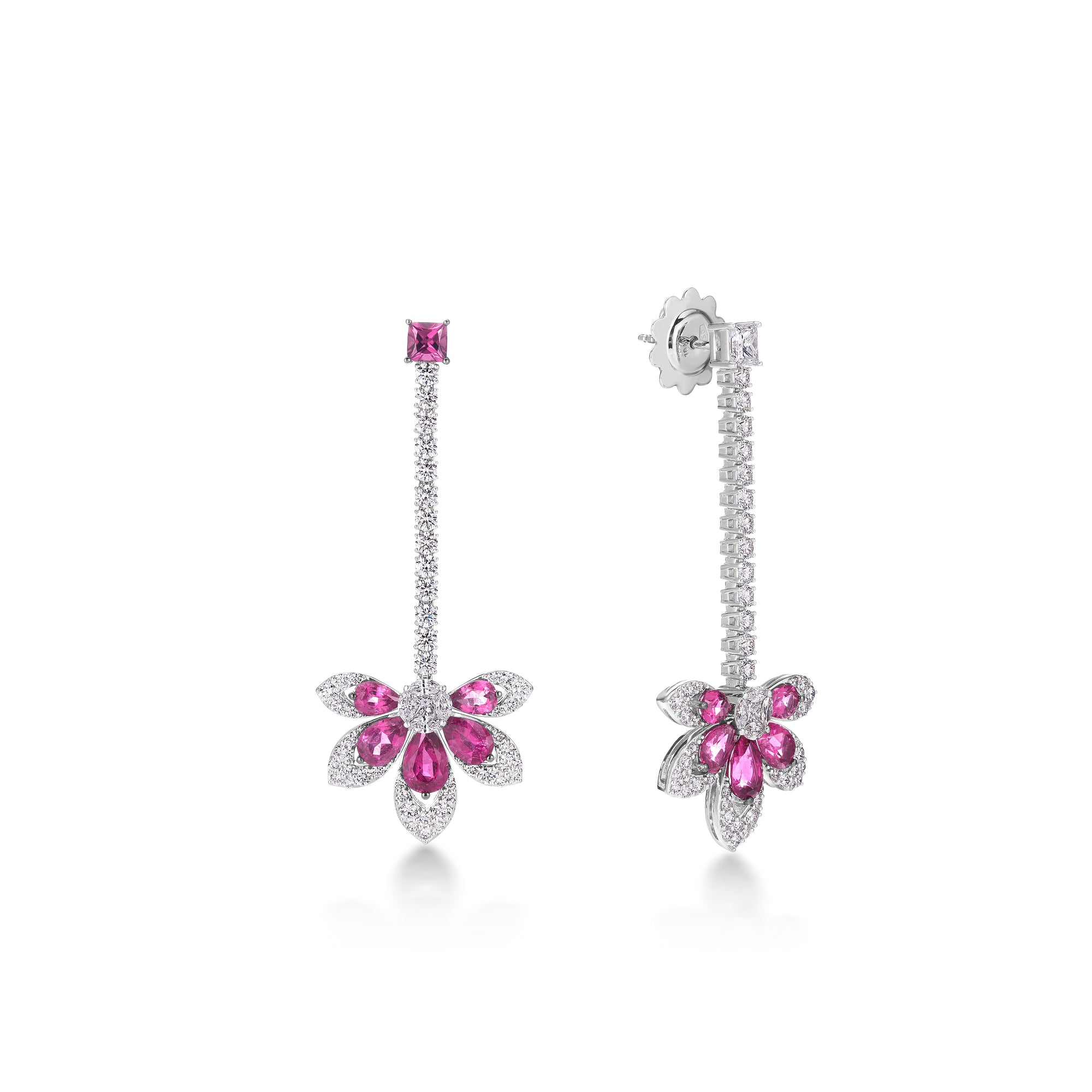 18K WHITE GOLD TIARE' DIAMOND & RUBELLITE DANGLE EARRINGS