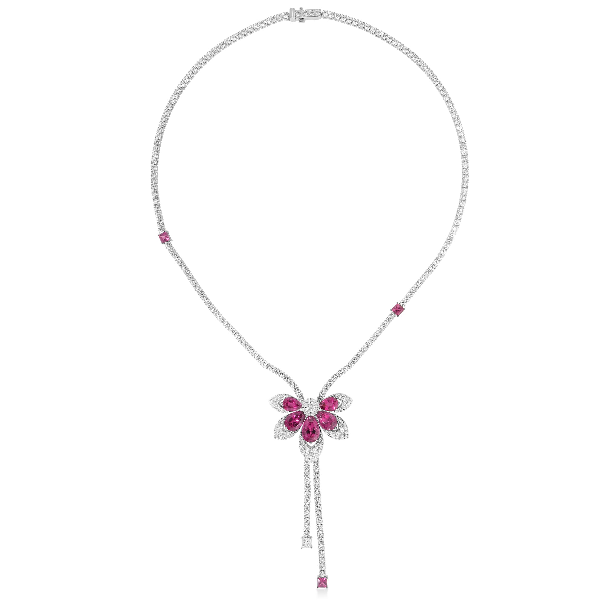18K WHITE GOLD TIARE' DIAMOND & RUBELLITE RIVIERA NECKLACE