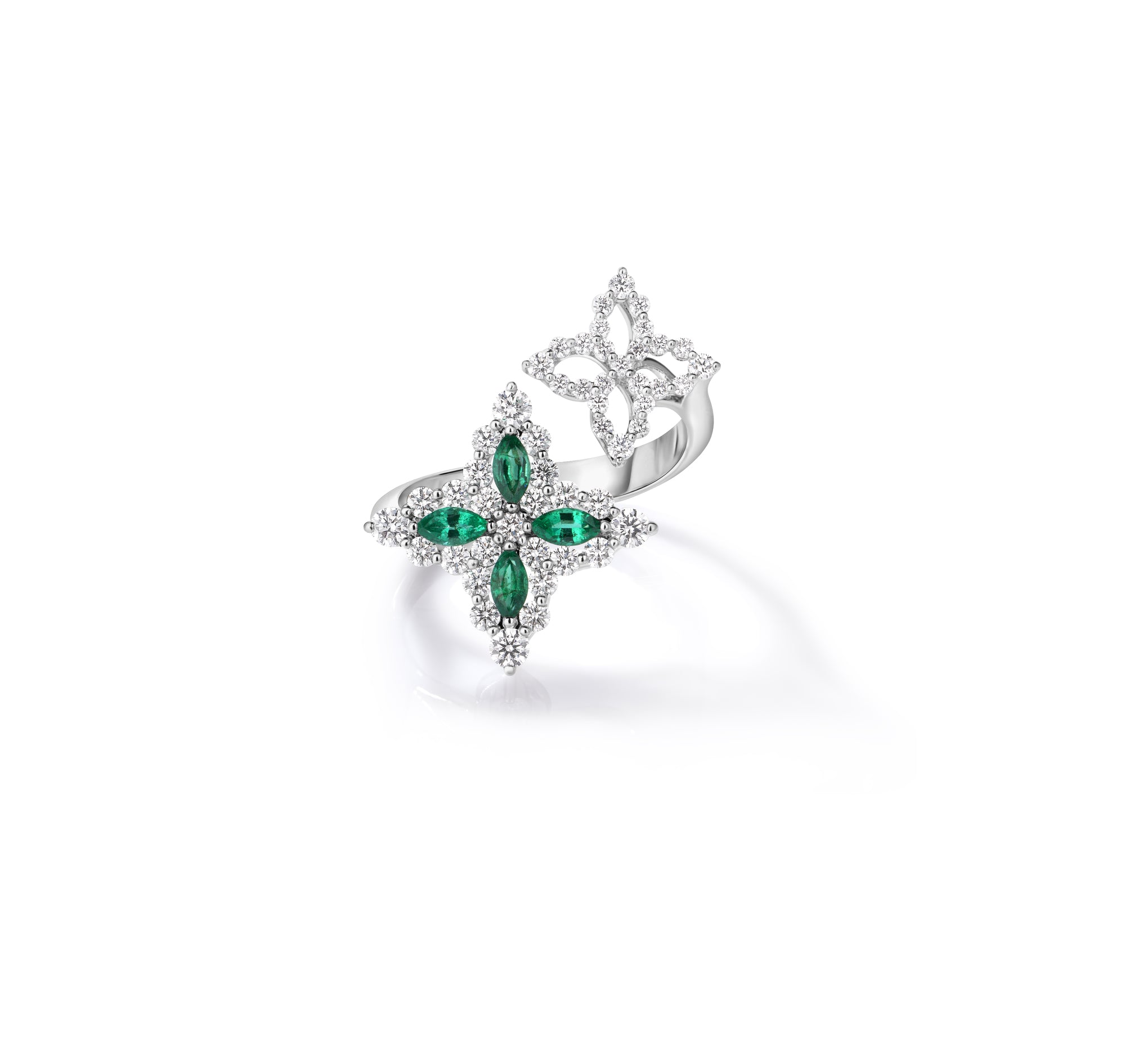 18K WHITE GOLD DIAMOND PRINCESS OUTLINE EMERALD FLOWER BYPASS RING