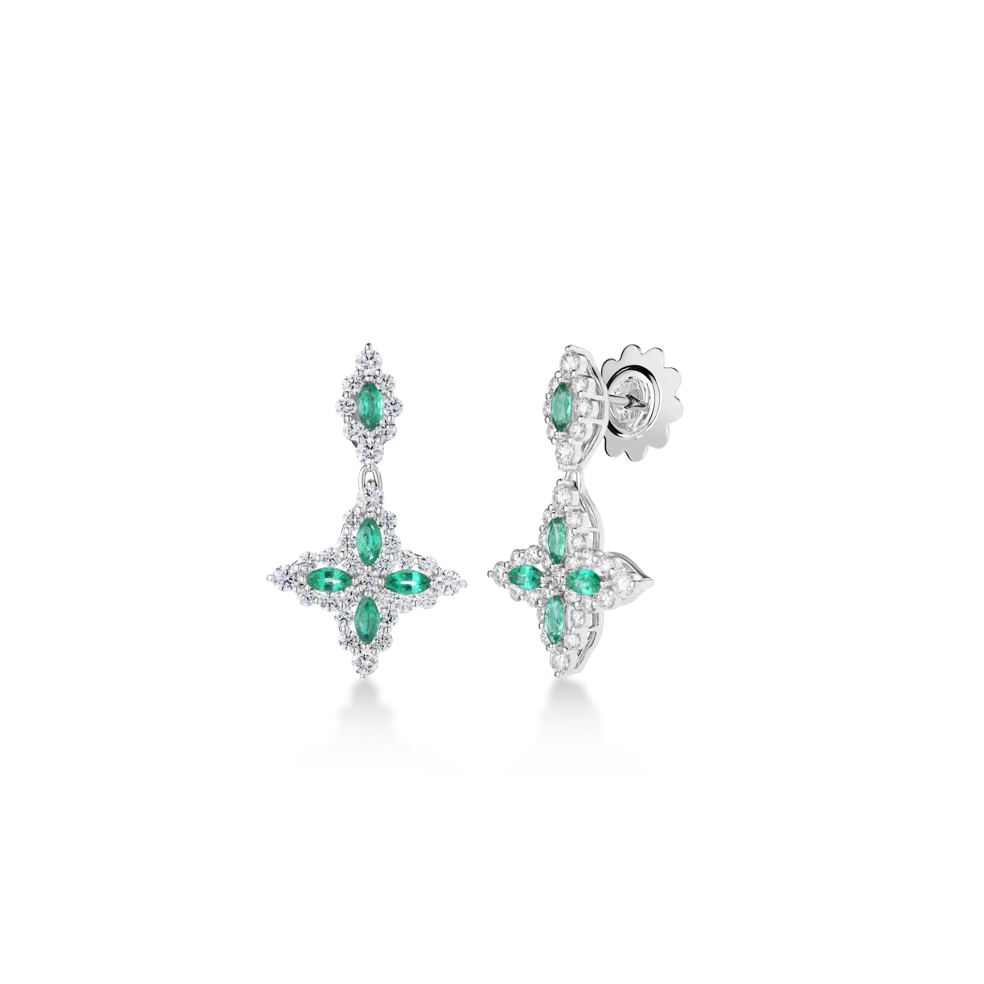 18K WHITE GOLD DIAMOND PRINCESS EMERALD FLOWER DROP EARRINGS