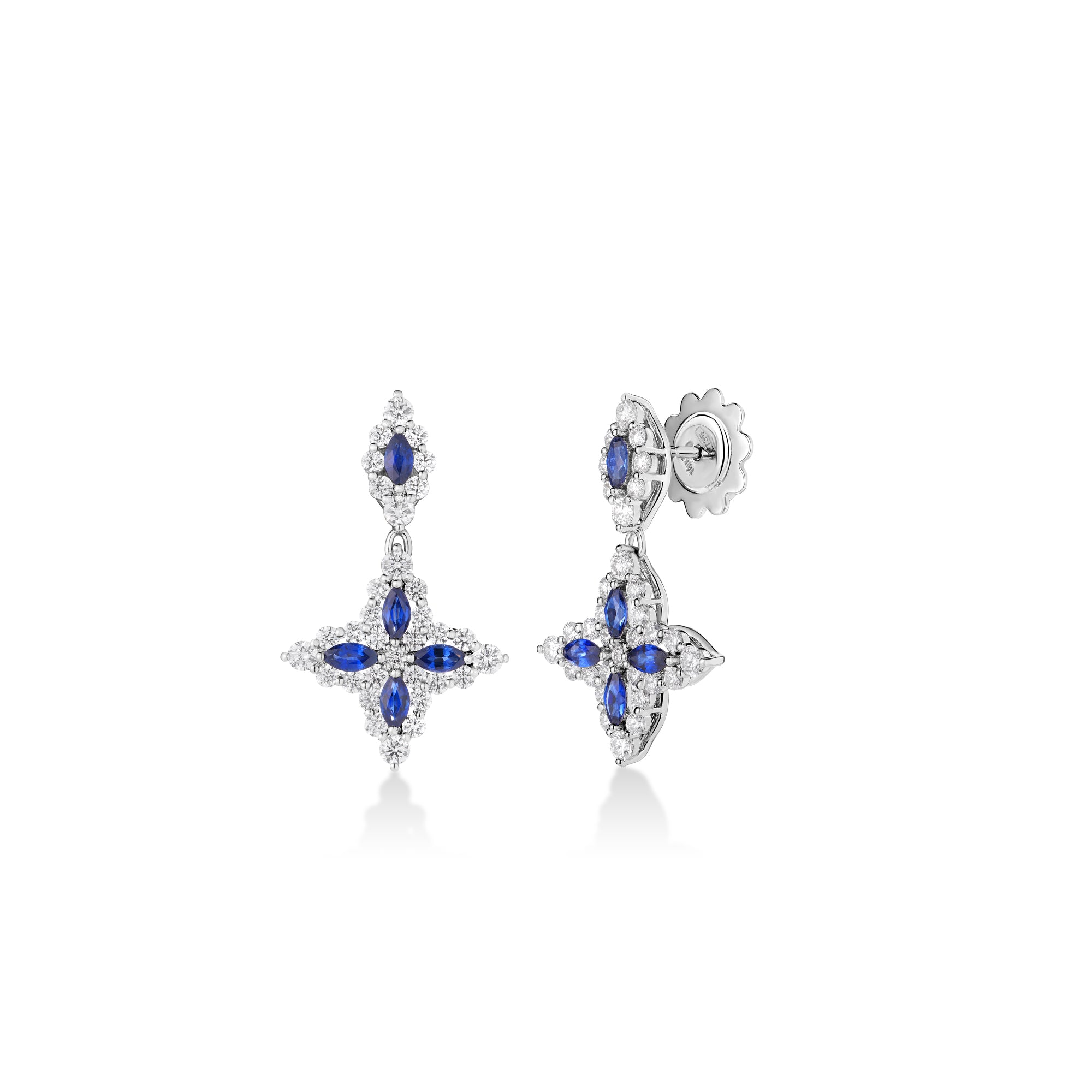 18K WHITE GOLD DIAMOND PRINCESS BLUE SAPPHIRE FLOWER DROP EARRINGS