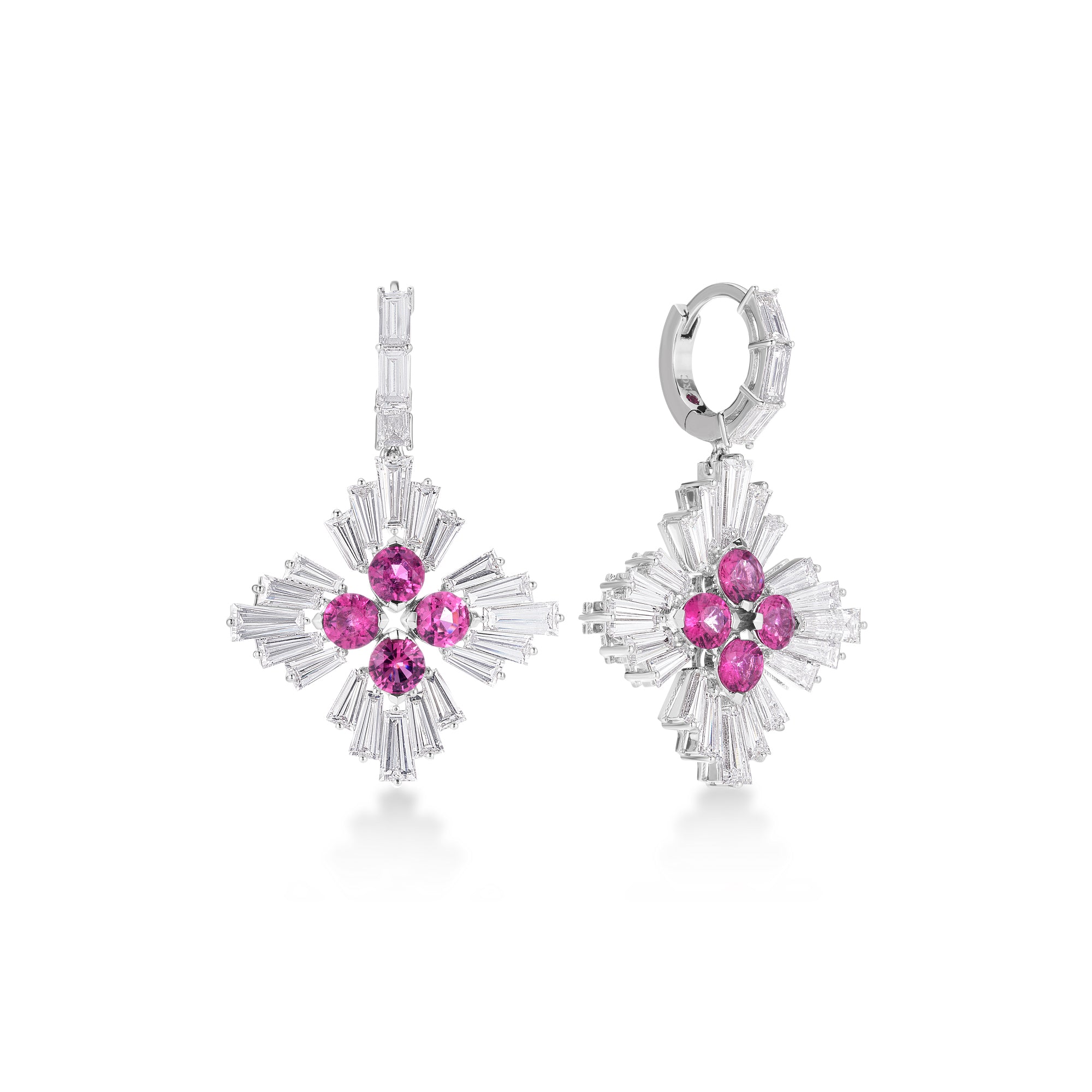 18K WHITE GOLD DIAMOND PRINCESS DIAMOND & RUBELLITE FLOWER DROP EARRINGS