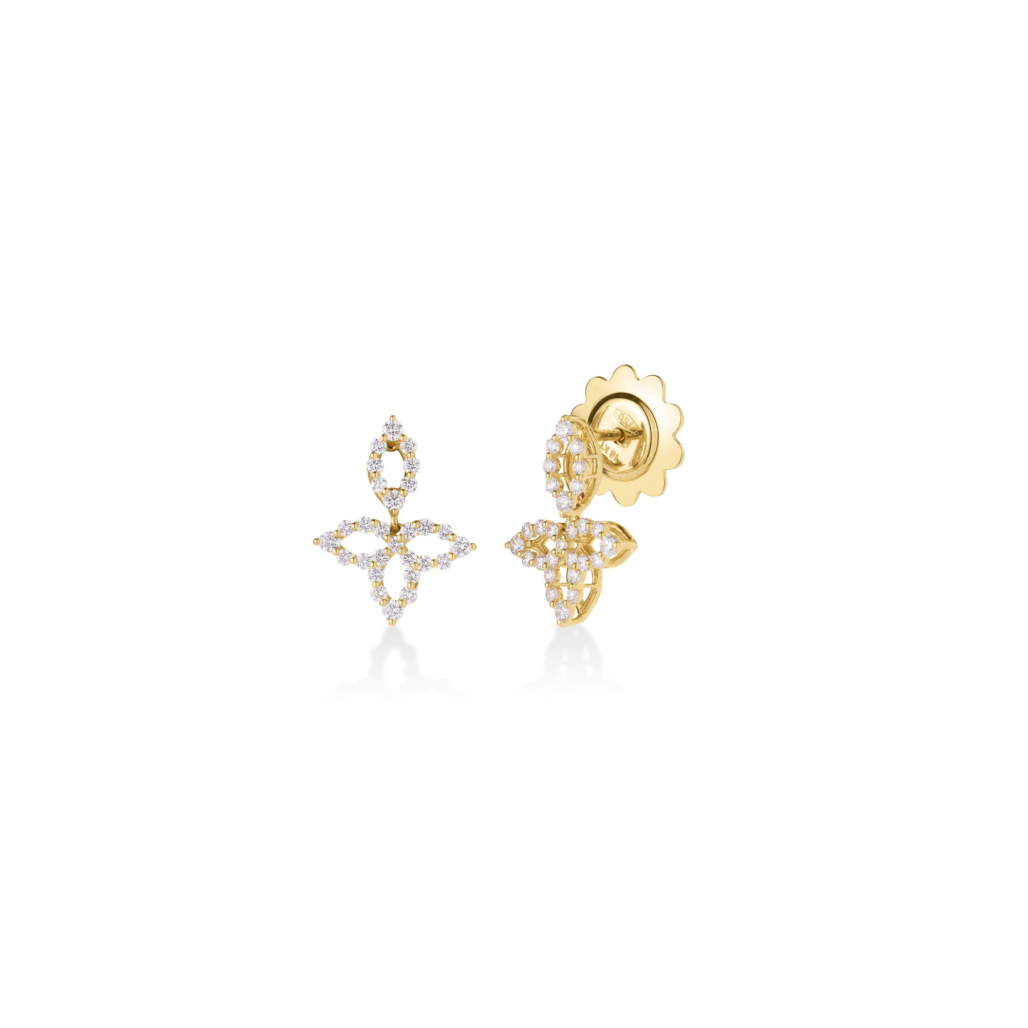 18K YELLOW GOLD DIAMOND PRINCESS OUTLINE SPLIT PETAL FLOWER STUD EARRINGS