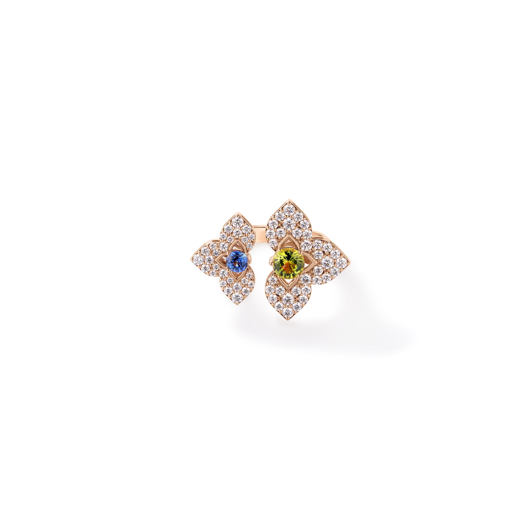 18K ROSE GOLD VENETIAN PRINCESS CARNIVAL DIAMOND, BLUE SAPPPHIRE, & PERIDOT FLOWER RING