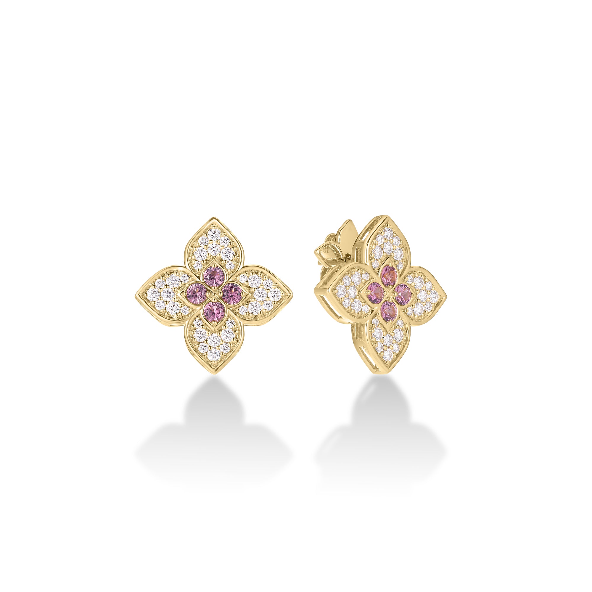 18K YELLOW GOLD VENETIAN PRINCESS CARNIVAL DIAMOND & RUBELLITE FLOWER LARGE STUD EARRINGS