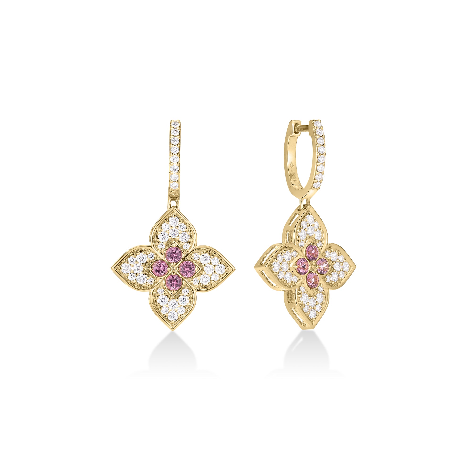 18K YELLOW GOLD VENETIAN PRINCESS CARNIVAL DIAMOND & RUBELLITE FLOWER DROP EARRINGS