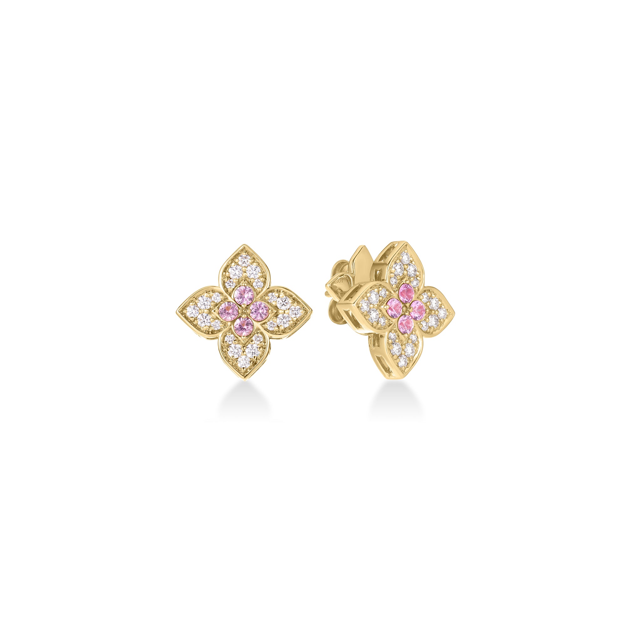 18K YELLOW GOLD VENETIAN PRINCESS CARNIVAL SMALL DIAMOND & RUBELLITE MEDIUM FLOWER STUD EARRINGS