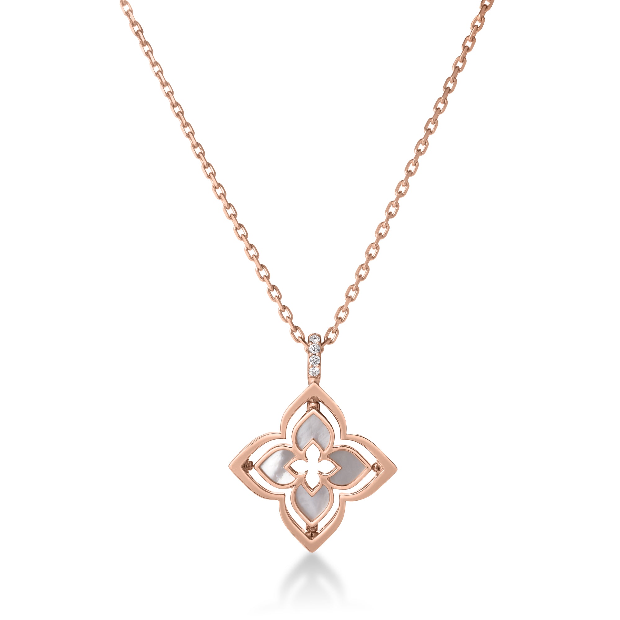 18K ROSE GOLD VENETIAN PRINCESS PIROUETTE PAVE DIAMOND & MOTHER OF PEARL SMALL FLOWER NECKLACE
