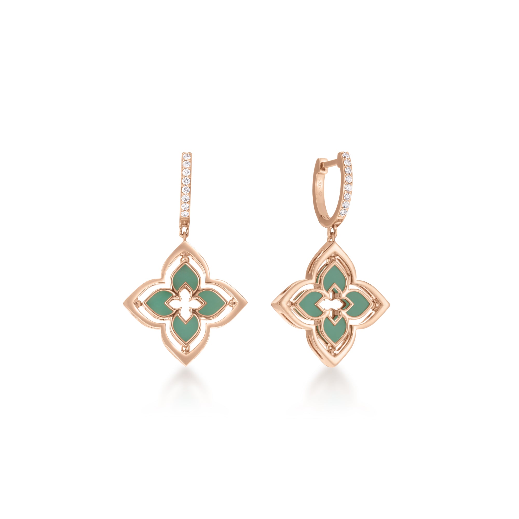 18K ROSE GOLD VENETIAN PRINCESS PIROUETTE SMALL PAVE DIAMOND & CHRYSOPRASE FLOWER DROP EARRINGS