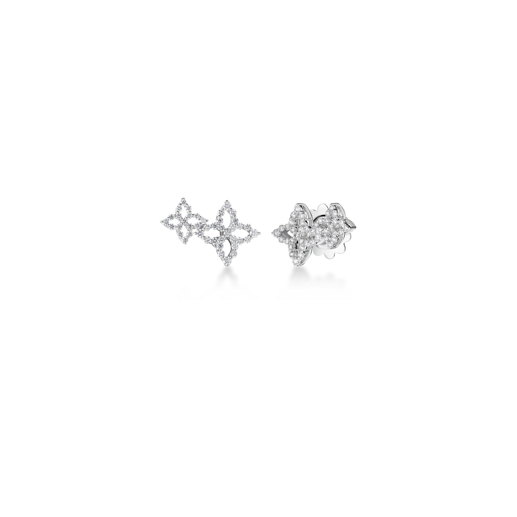 18K WHITE GOLD DIAMOND PRINCESS OUTLINE DOUBLE FLOWER STUD EARRINGS