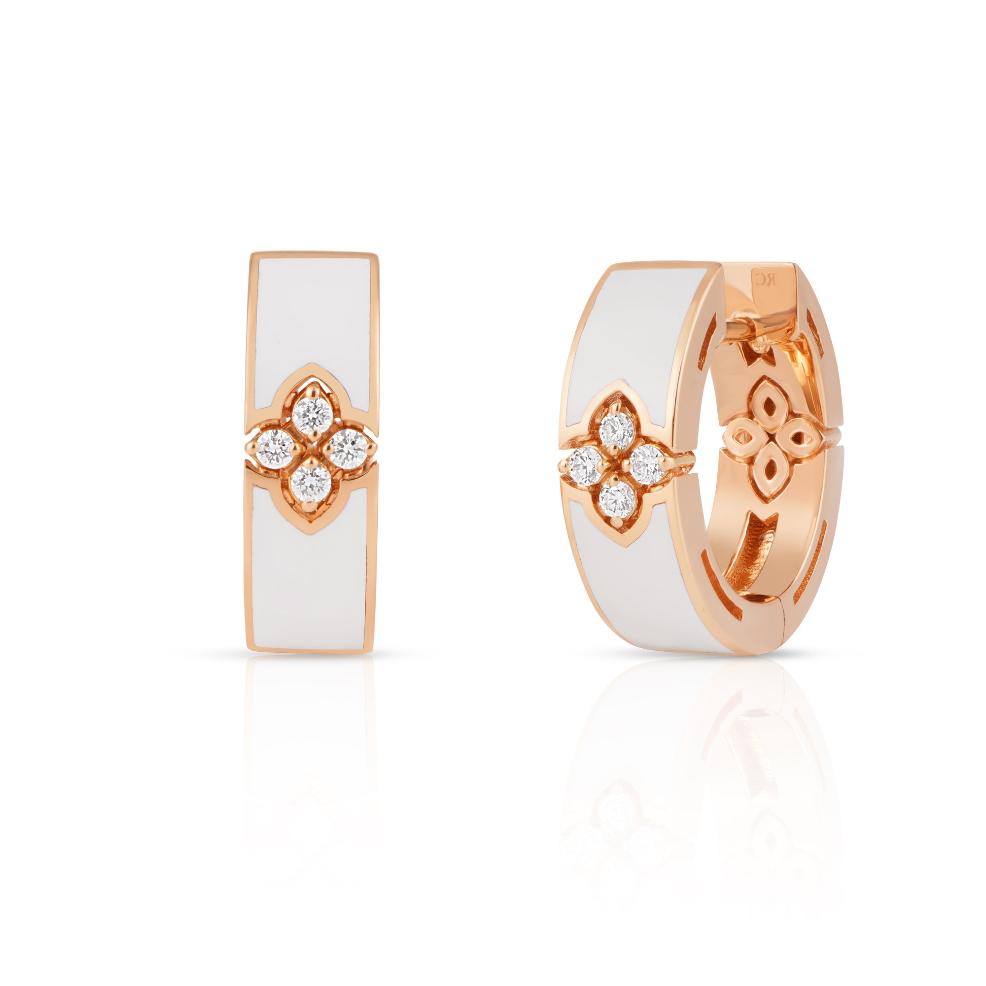18K ROSE GOLD LOVE IN VERONA DIAMOND & WHITE ENAMEL HOOP EARRINGS