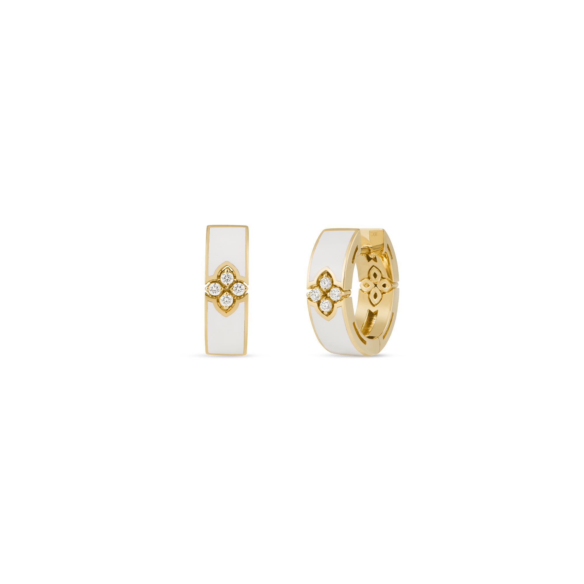 18K YELLOW GOLD LOVE IN VERONA DIAMOND & WHITE ENAMEL HOOP EARRINGS
