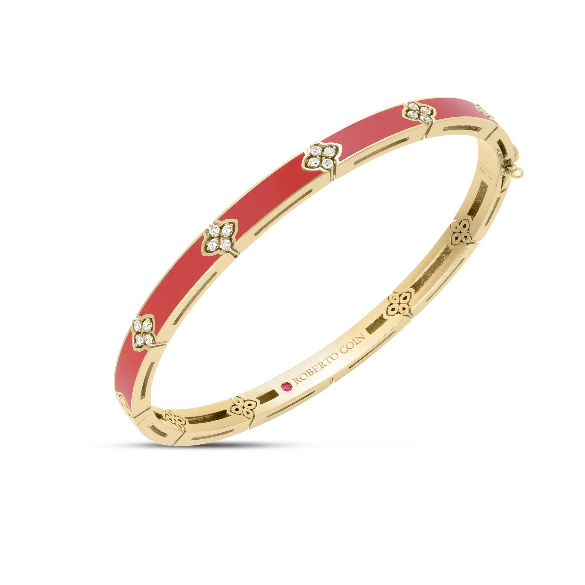 18K YELLOW GOLD LOVE IN VERONA DIAMOND & CORAL ENAMEL BANGLE
