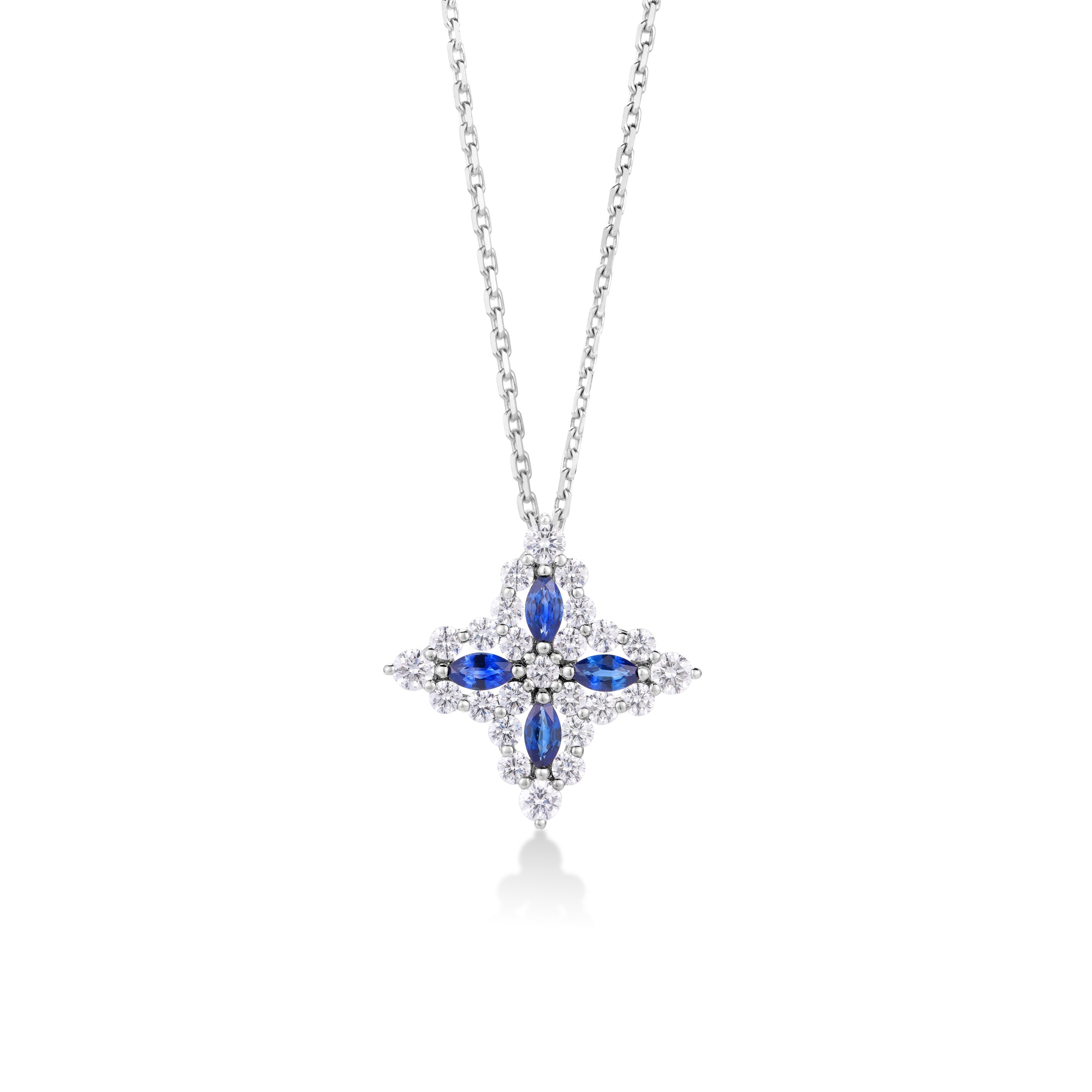 18K WHITE GOLD PRINCESS DIAMOND BLUE SAPPHIRE FLOWER NECKLACE