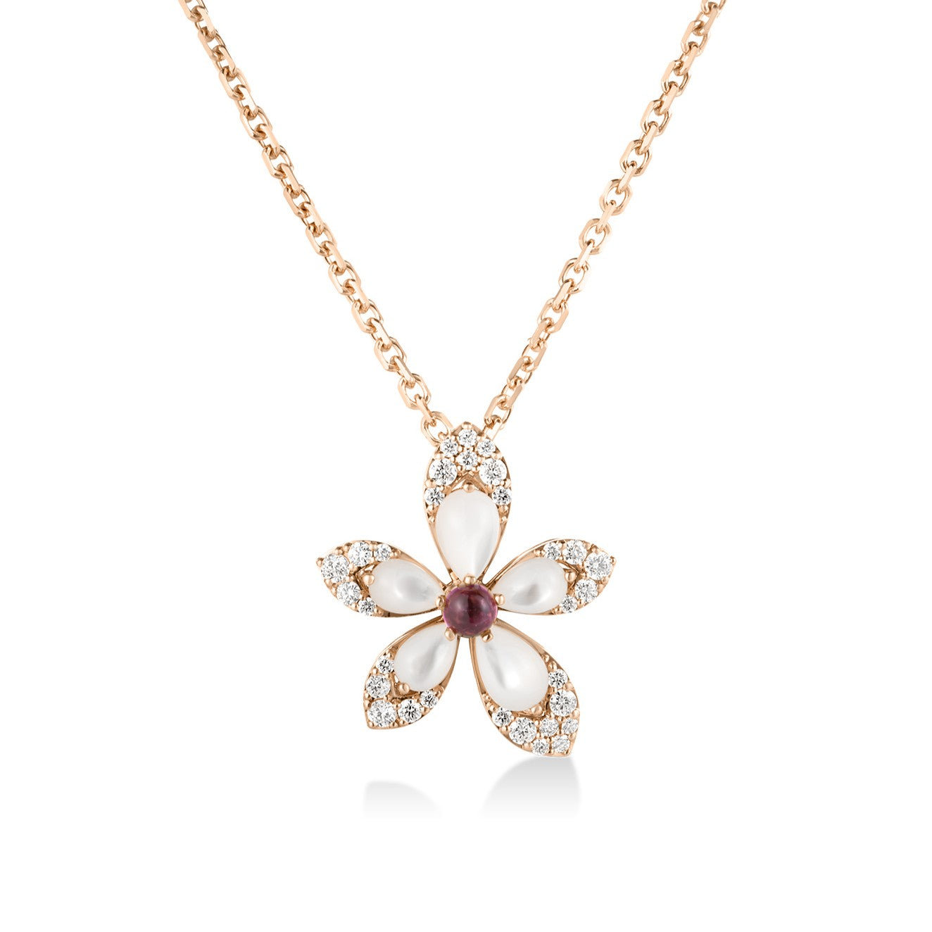 18K ROSE GOLD TIARE' DIAMOND, RUBELLITE, & MOTHER OF PEARL FLOWER NECKLACE