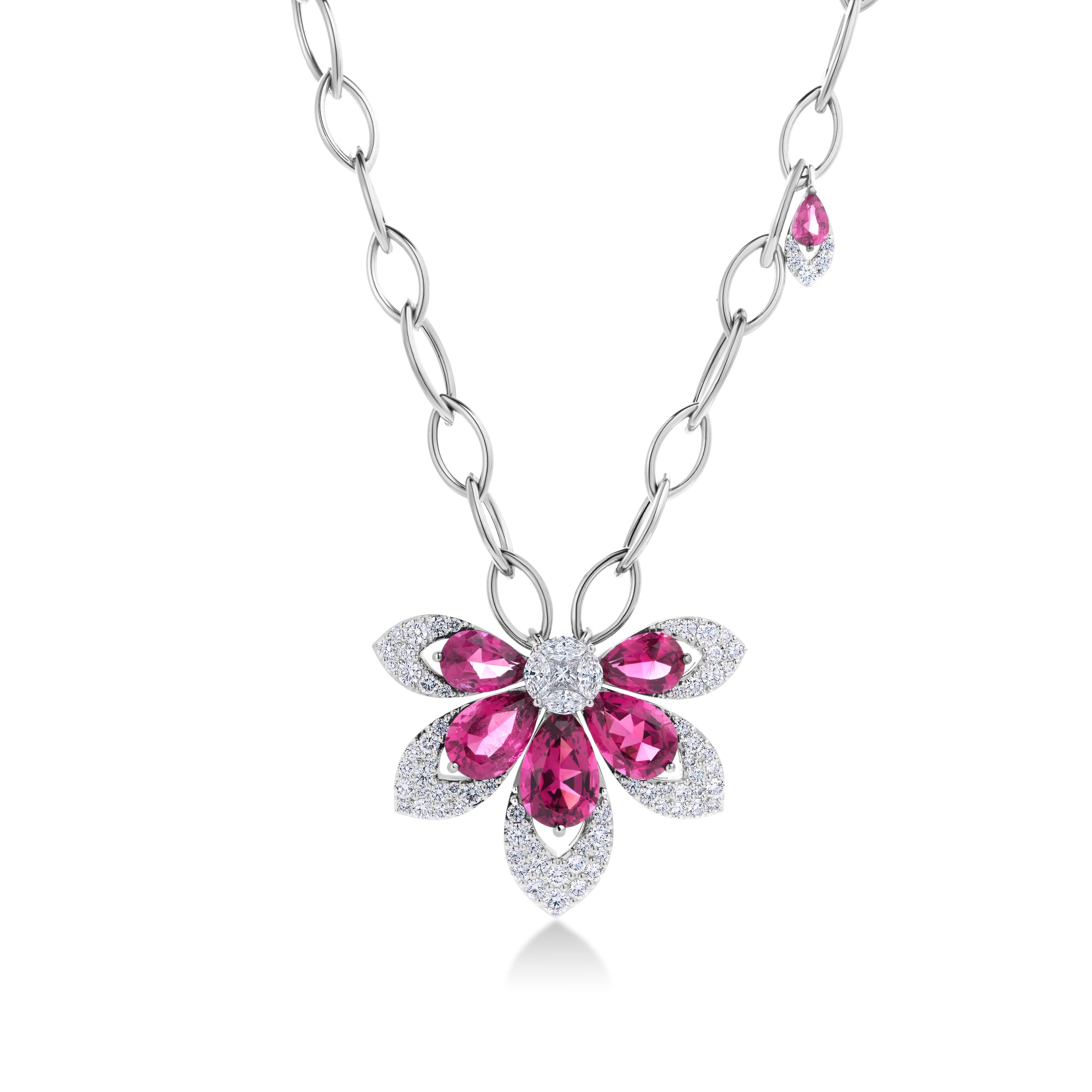 18K WHITE GOLD TIARE' DIAMOND & RUBELLITE CHAIN LINK NECKLACE