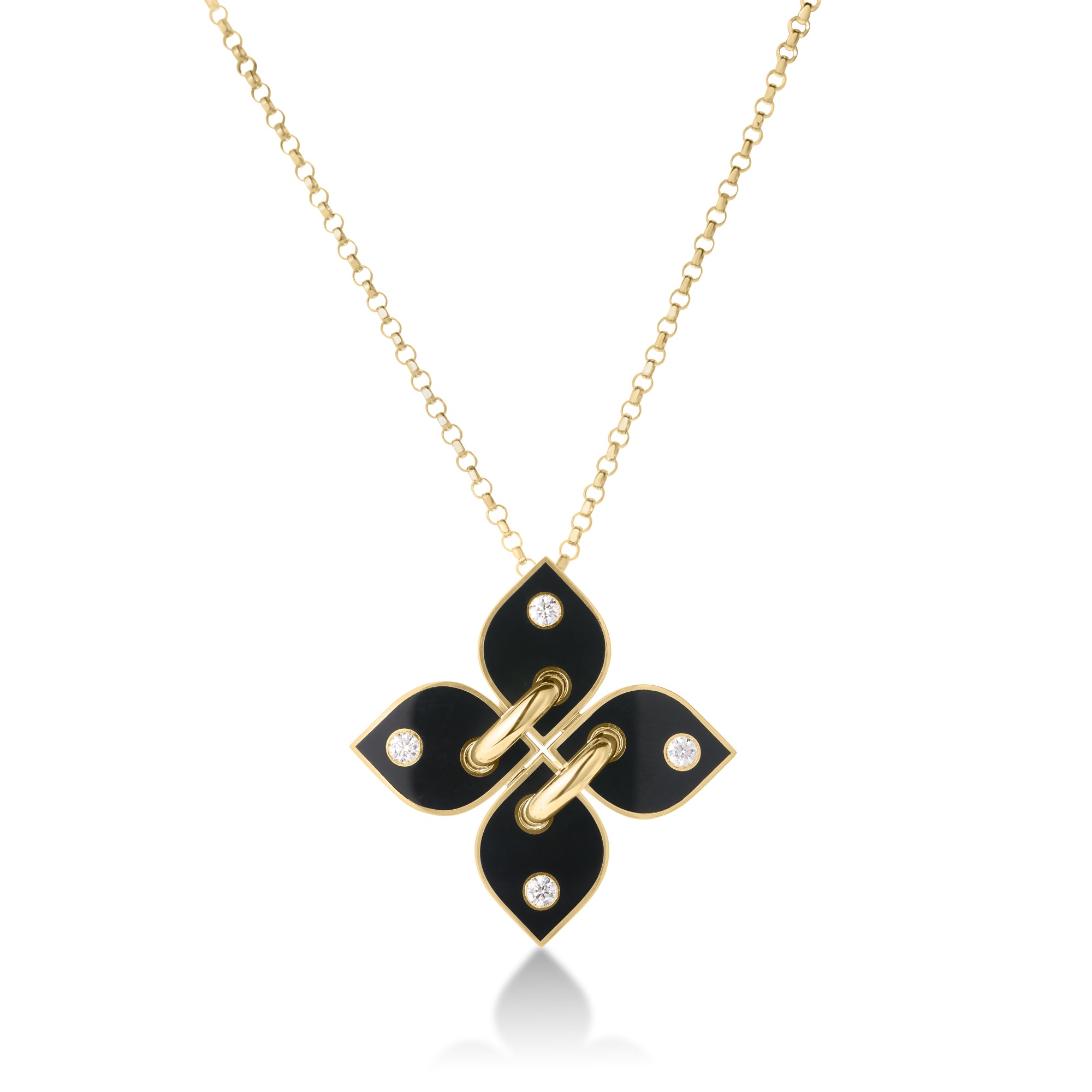 18K YELLOW GOLD LOVE IN VERONA FILO DIAMOND & BLACK ENAMEL FLOWER NECKLACE