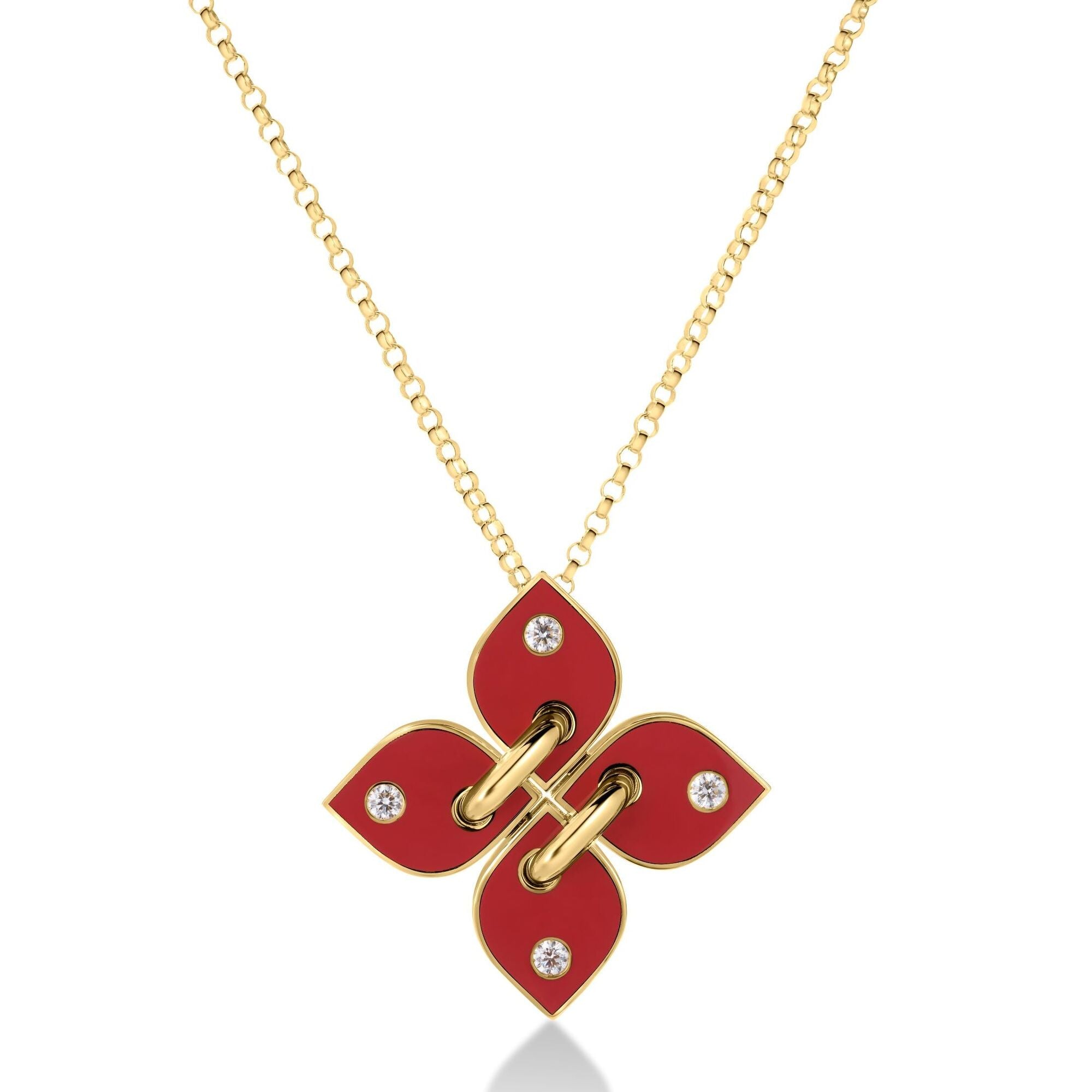 18K YELLOW GOLD LOVE IN VERONA FILO DIAMOND & CORAL ENAMEL FLOWER NECKLACE