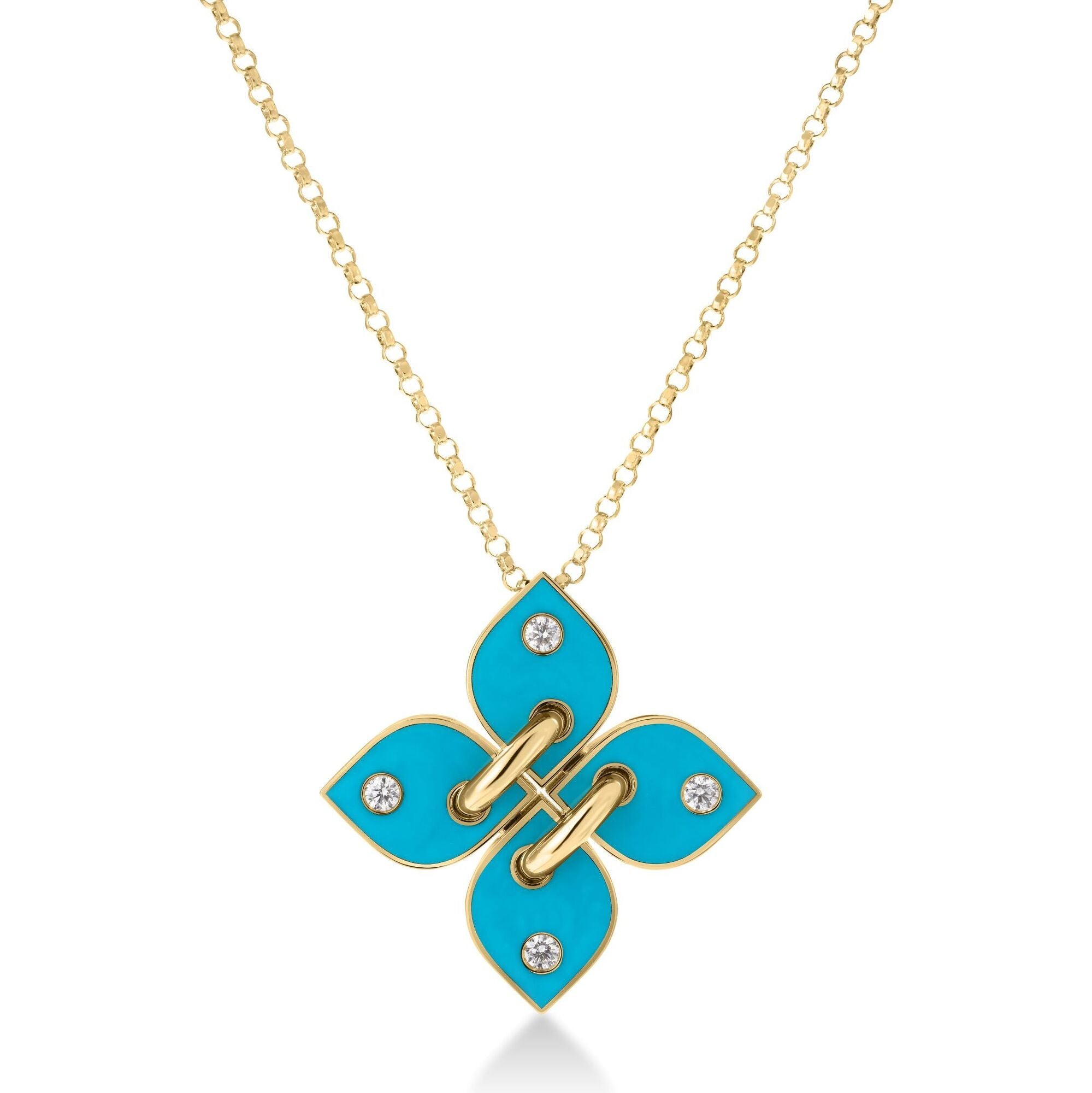 18K YELLOW GOLD LOVE IN VERONA FILO DIAMOND & TURQUOISE ENAMEL FLOWER NECKLACE