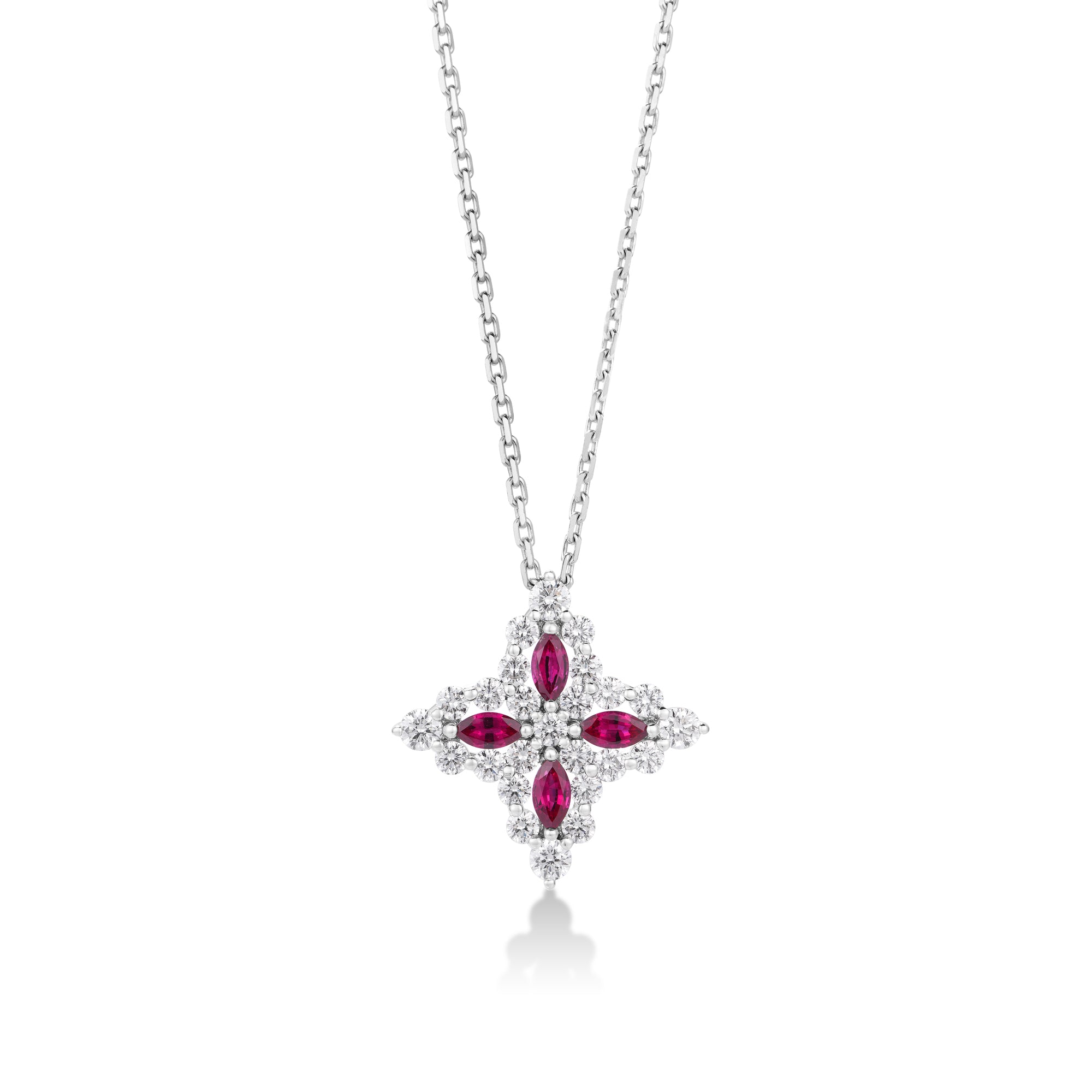 18K WHITE GOLD PRINCESS DIAMOND RUBY FLOWER NECKLACE