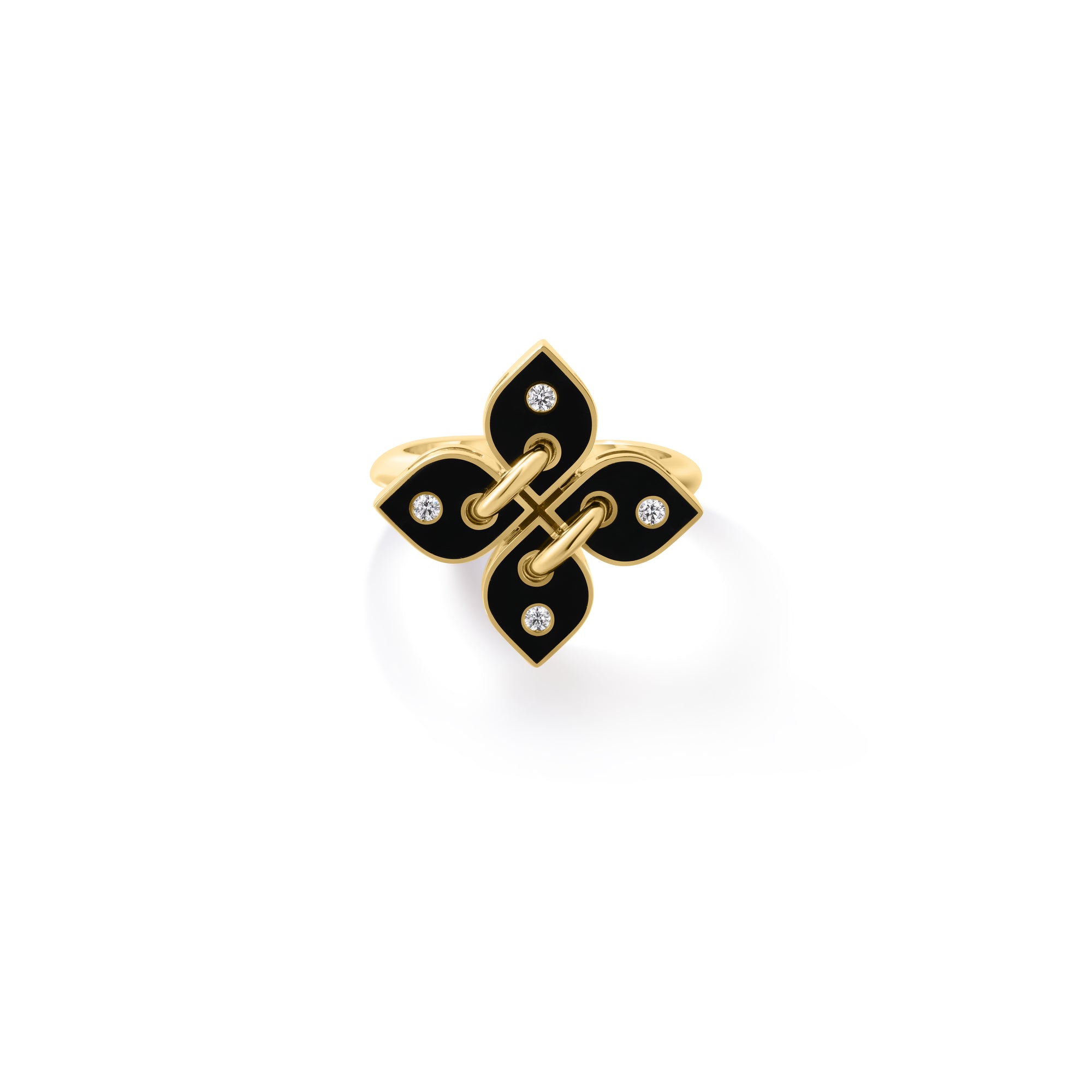 18K YELLOW GOLD LOVE IN VERONA FILO SMALL DIAMOND & BLACK ENAMEL FLOWER RING