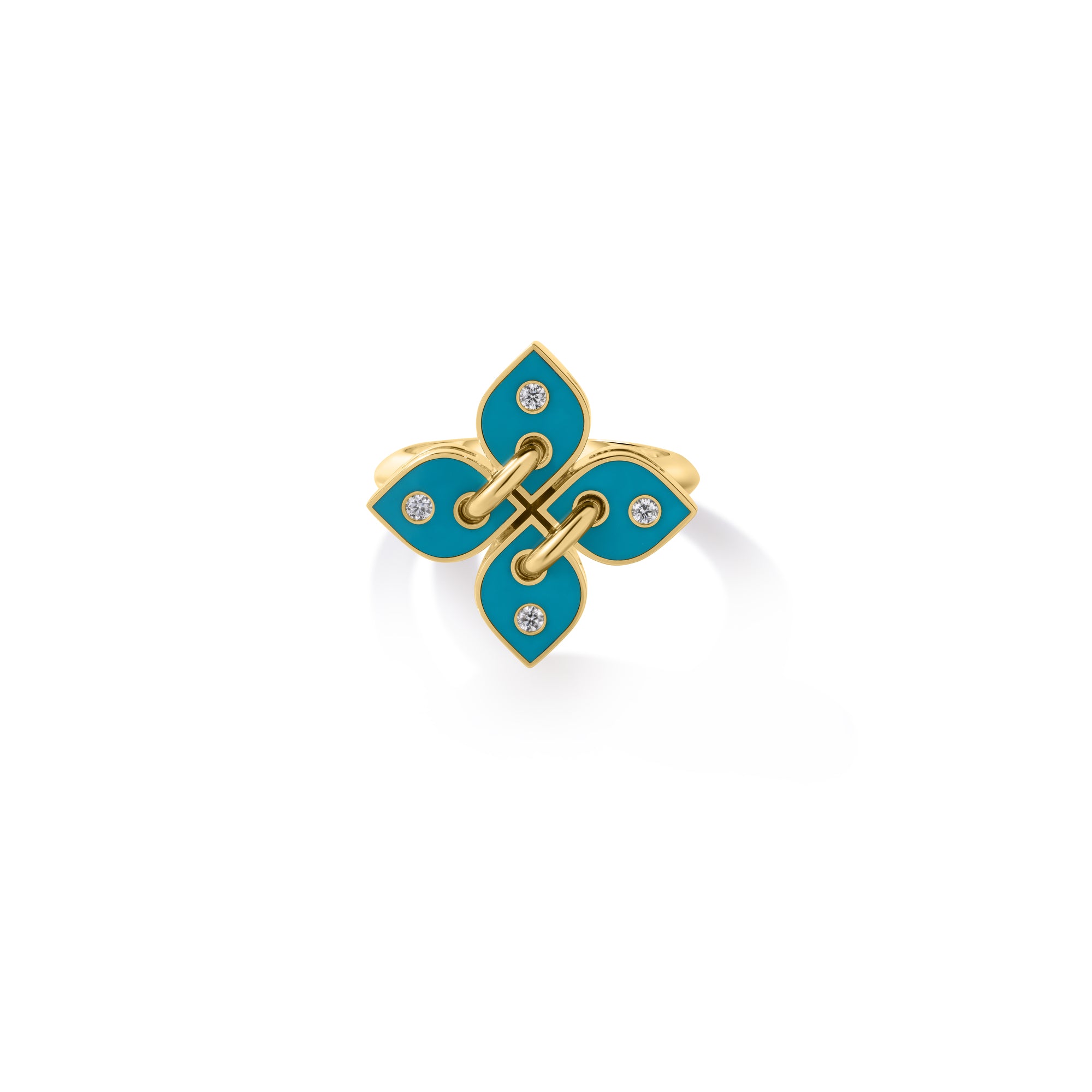 18K YELLOW GOLD LOVE IN VERONA FILO SMALL DIAMOND & TURQUOISE ENAMEL FLOWER RING