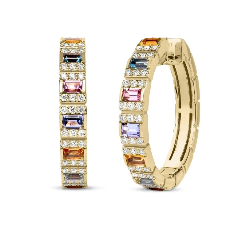 18K YELLOW GOLD OBELISCO PAVE DIAMOND & MIXED STONES (BLUE TOPAZ, CITRINE, RUBELLITE, & TANZANITE) HOOP EARRINGS **LARGER 35MM VERSION IS PICTURED**