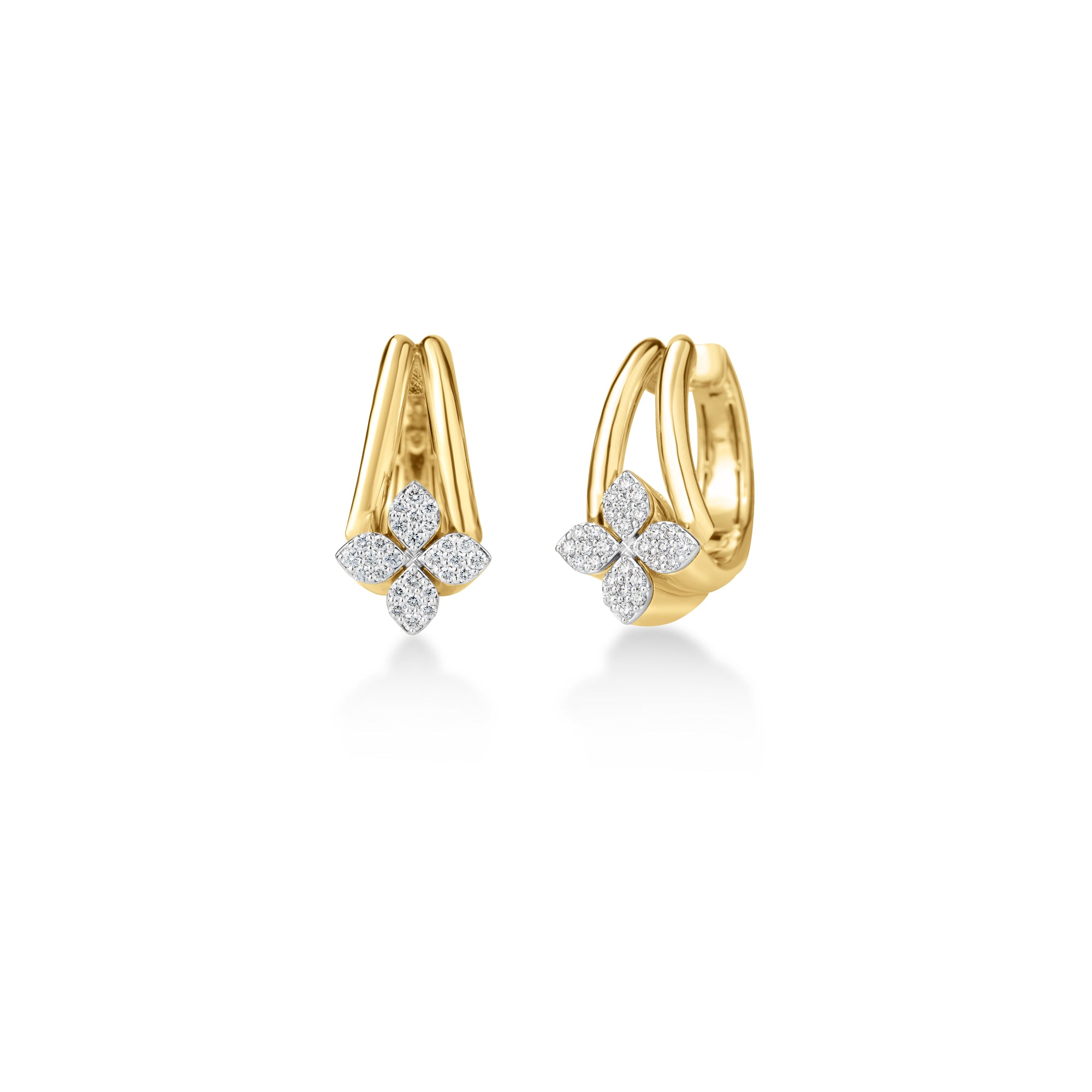 18K YELLOW/WHITE GOLD LOVE IN VERONA DIAMOND FLOWER DOUBLE BAND HOOP EARRINGS