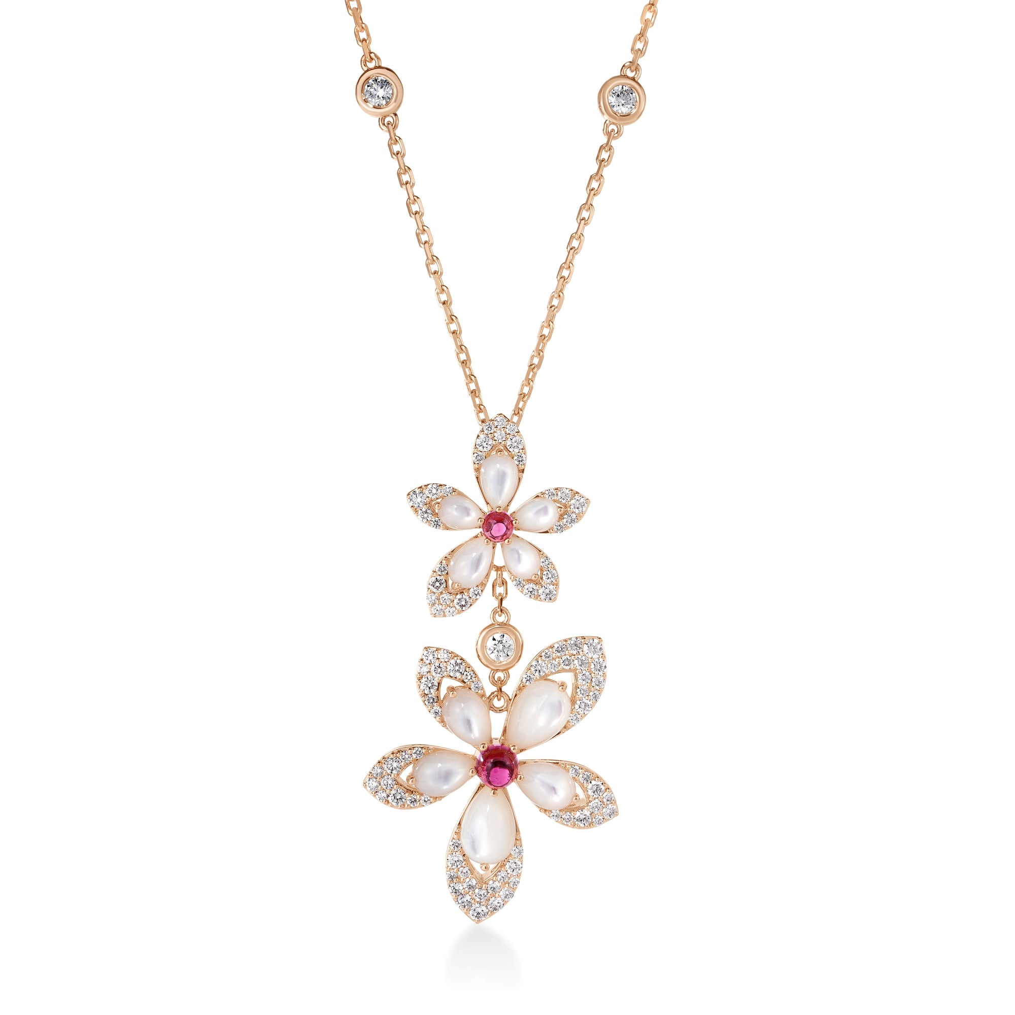 18K ROSE GOLD TIARE' DIAMOND, MOTHER OF PEARL, RUBELLITE DOUBLE FLOWER NECKLACE
