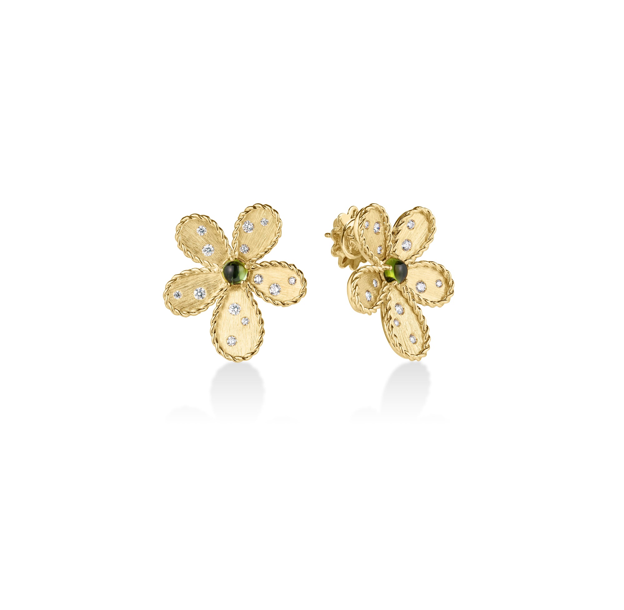 18K YELLOW GOLD JASMINE DIAMOND & GREEN TOURMALINE FLOWER STUD EARRINGS