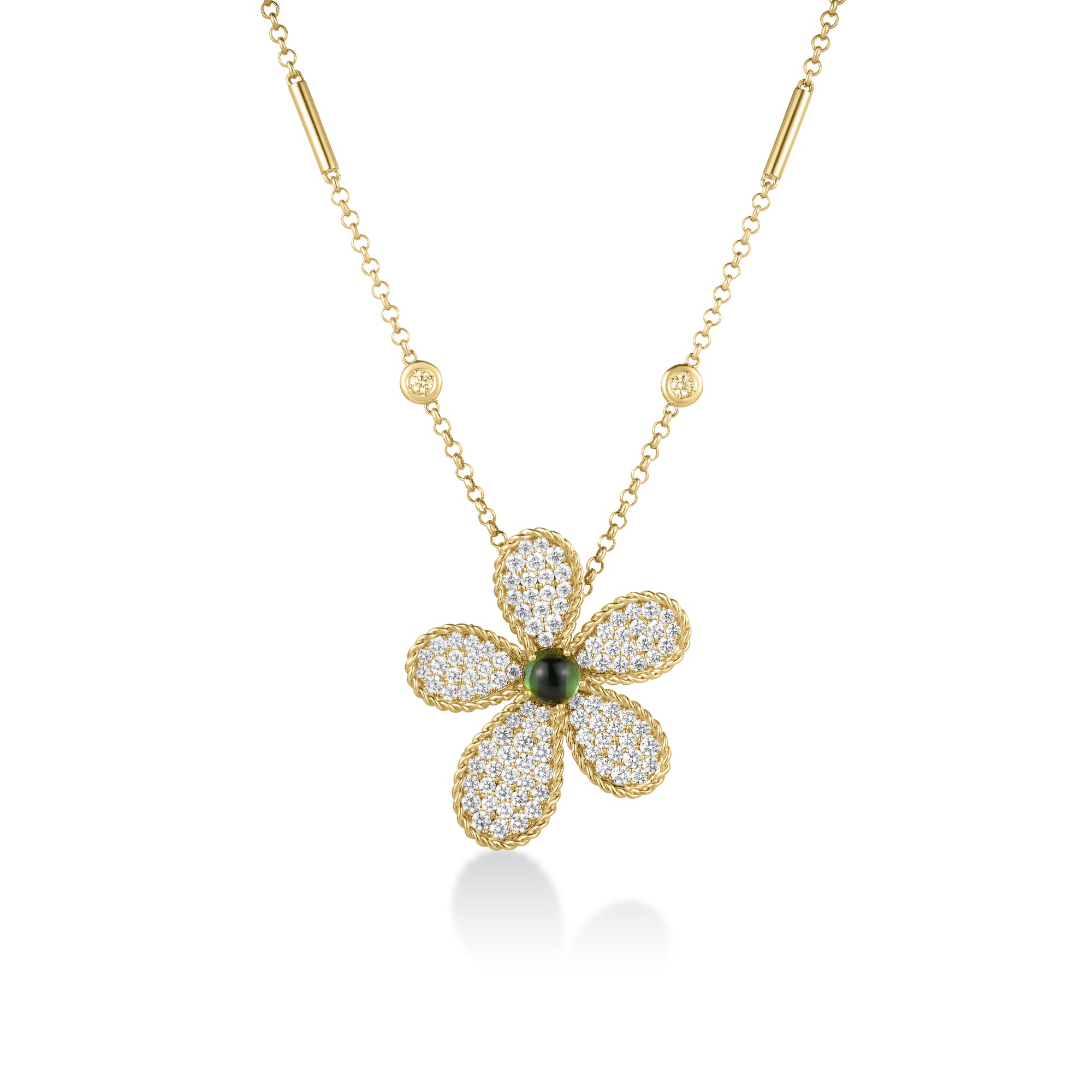 18K YELLOW GOLD JASMINE PAVE DIAMOND & GREEN TOURMALINE FLOWER NECKLACE