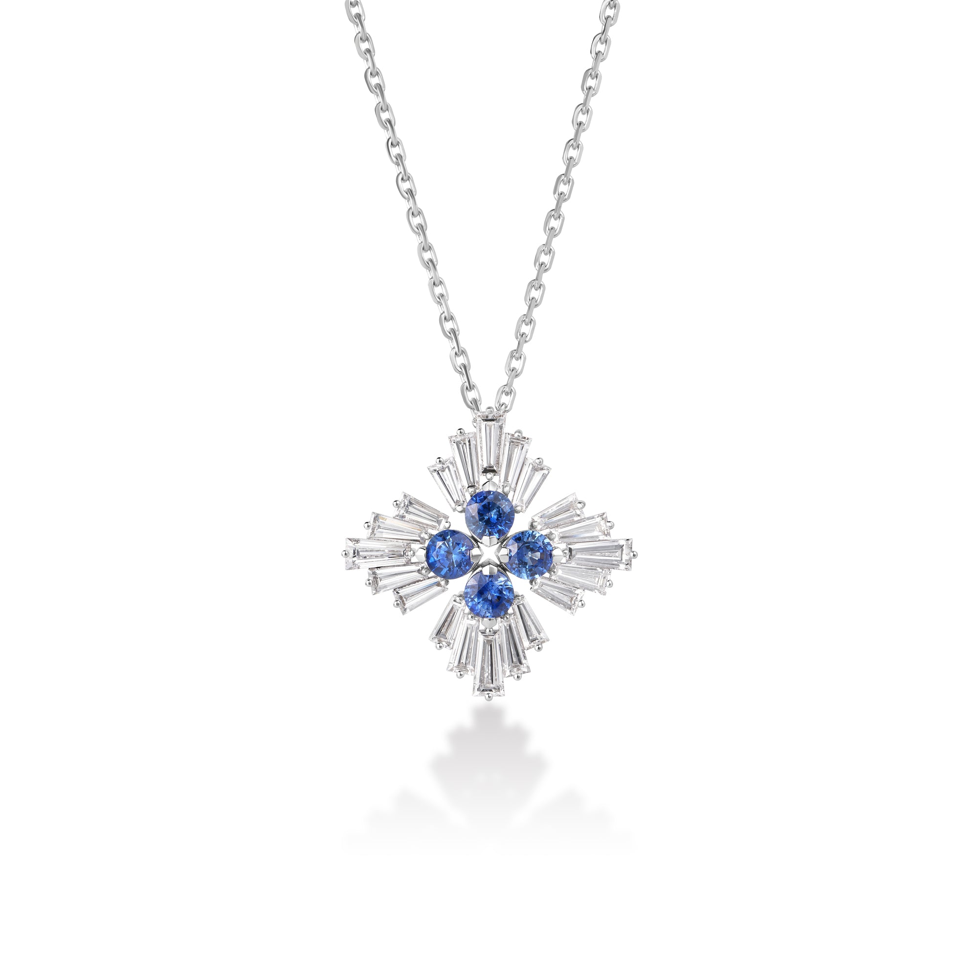 18K WHITE GOLD DIAMOND PRINCESS & BLUE SAPPHIRE NECKLACE