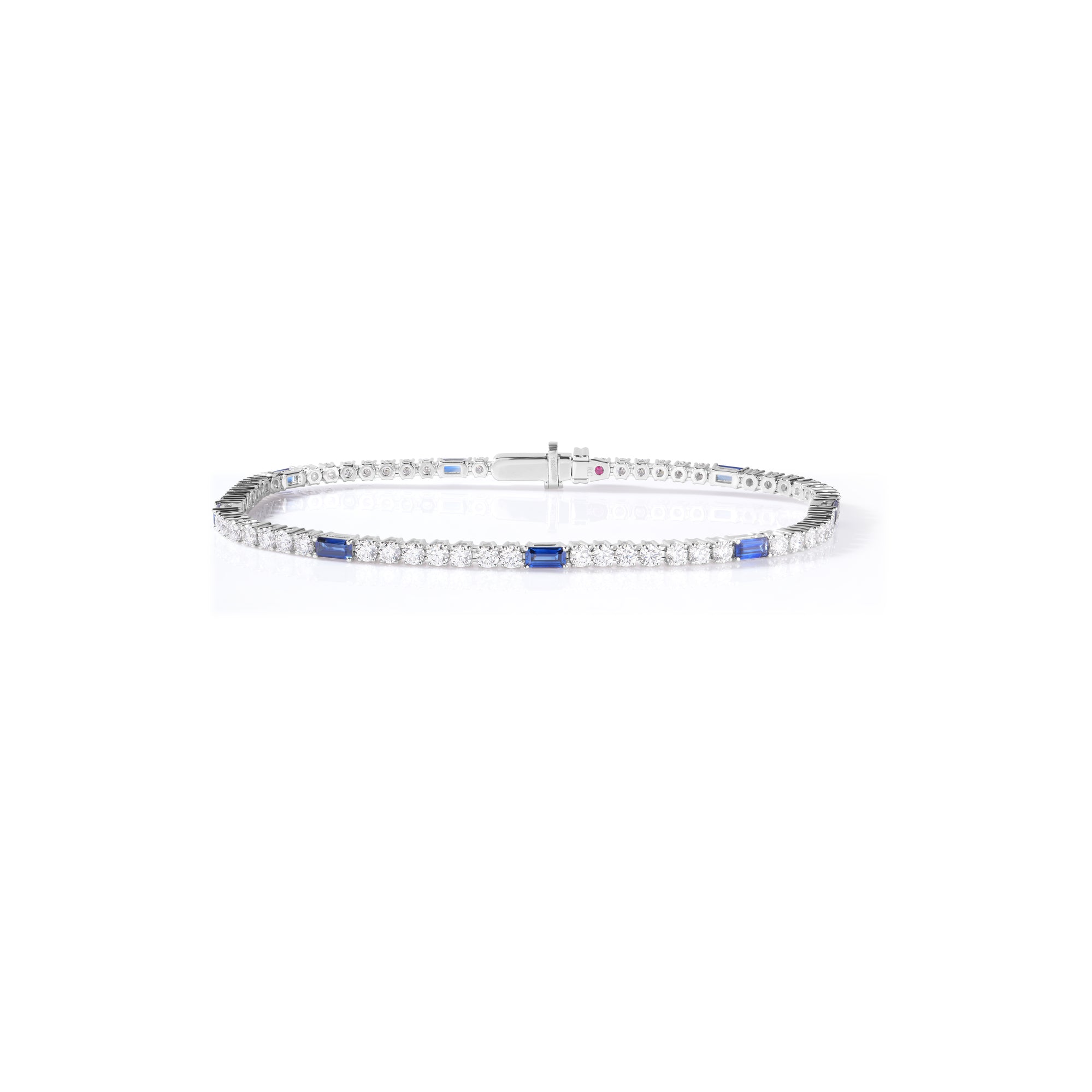 18K WHITE GOLD DIAMOND PRINCESS PAVE DIAMOND & EMERALD CUT BLUE SAPPHIRE BRACELET