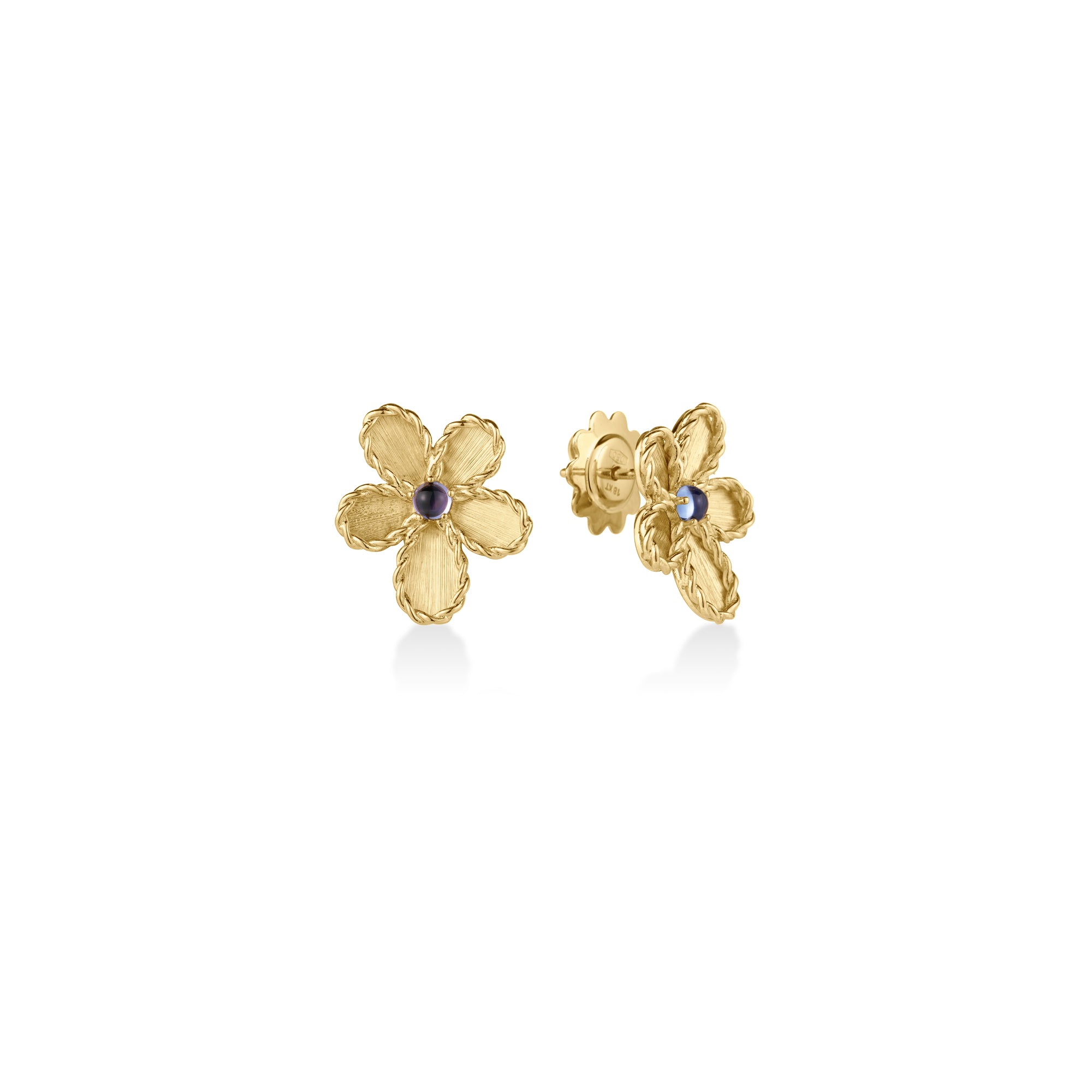 18K YELLOW GOLD JASMINE TANZANITE FLOWER STUD EARRINGS