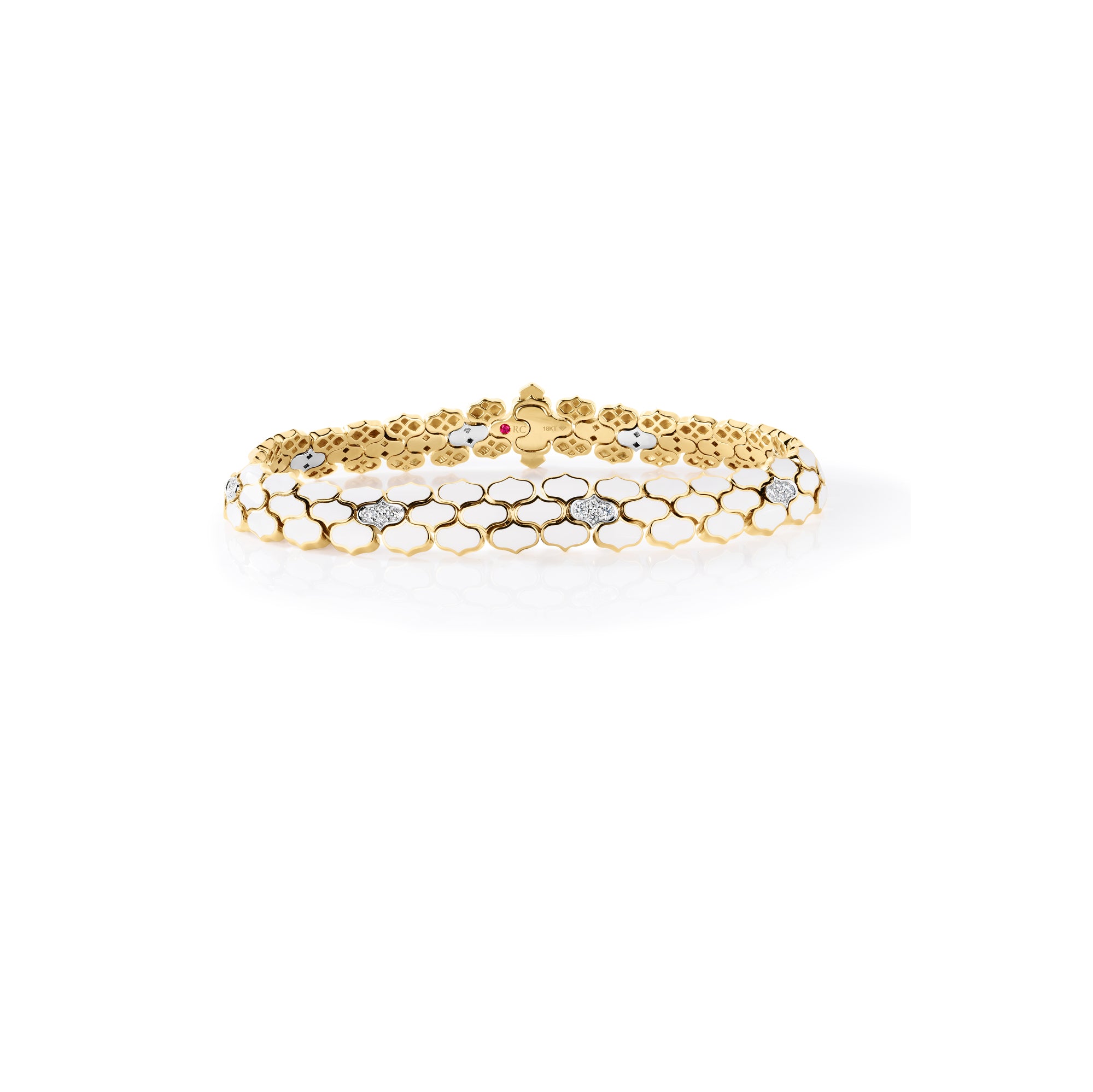 18K YELLOW/WHITE GOLD COBRA DIAMOND & WHITE ENAMEL BRACELET