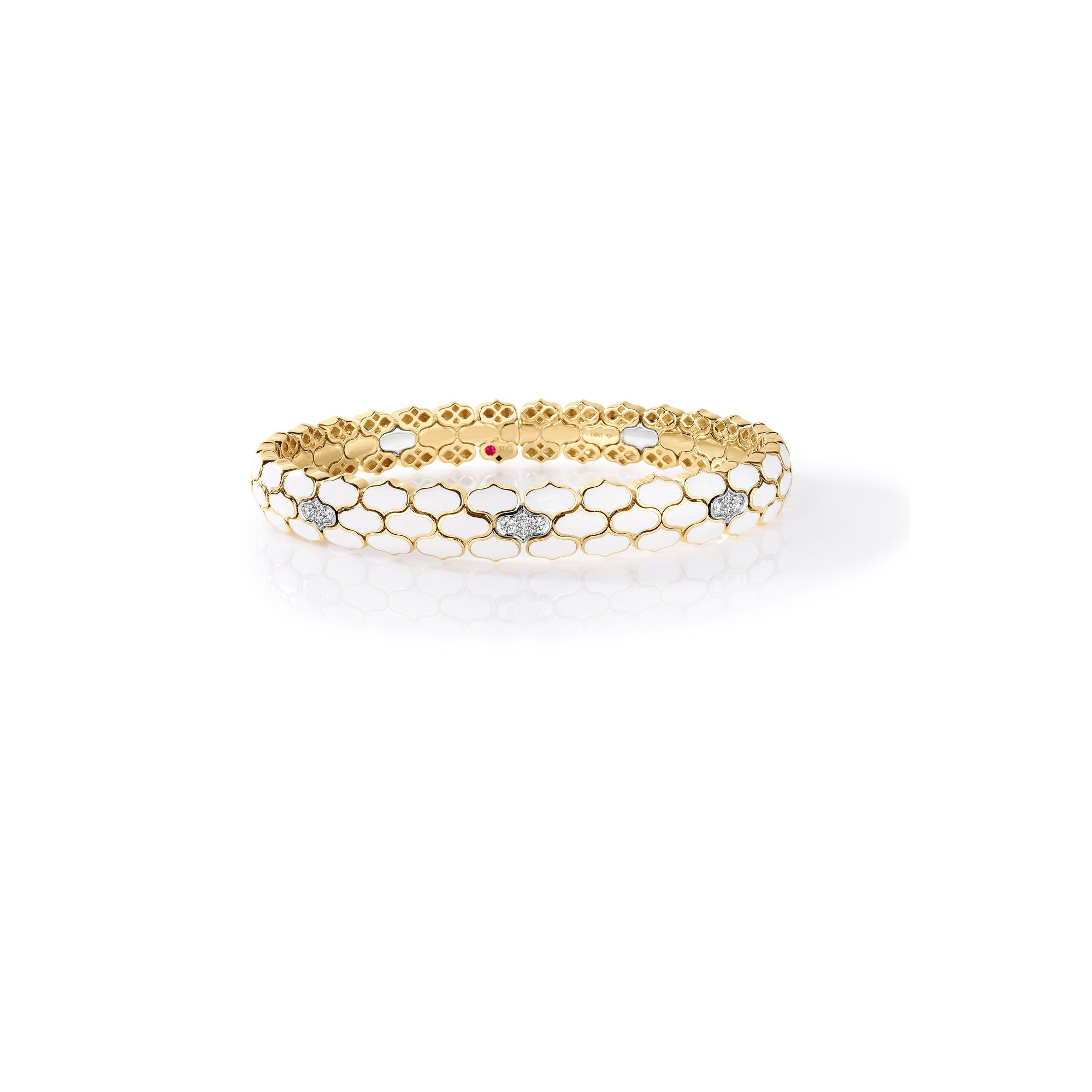 18K YELLOW/WHITE GOLD COBRA DIAMOND & WHITE ENAMEL BANGLE