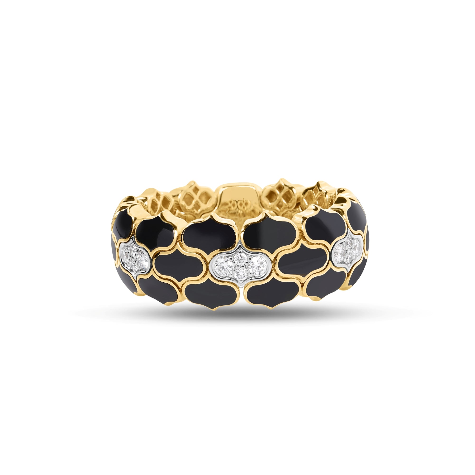 18K YELLOW/WHITE GOLD COBRA DIAMOND BLACK ENAMEL RING