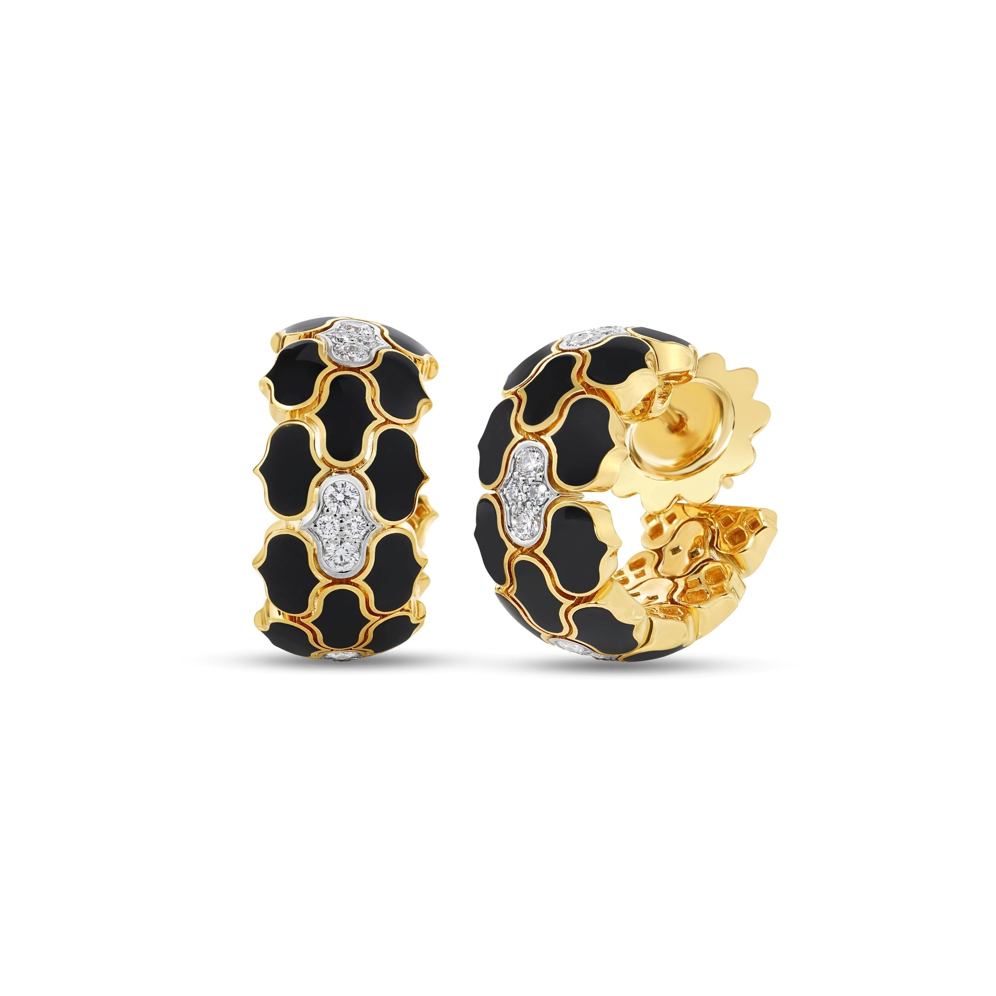 18K YELLOW/WHITE GOLD COBRA DIAMOND AND BLACK ENAMEL HOOP EARRINGS
