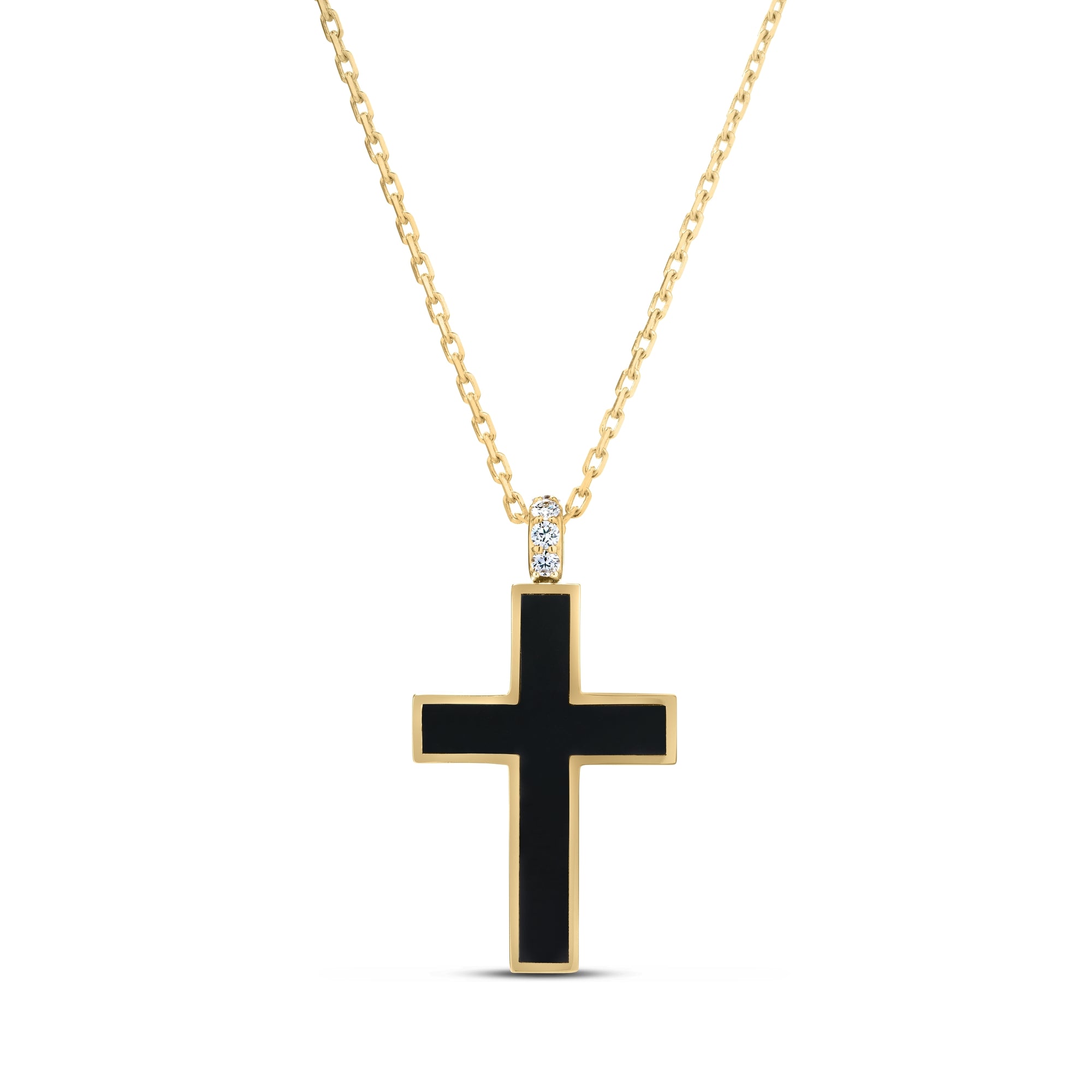 18K YELLOW DESIGNER GOLD DIAMOND & BLACK ENAMEL CROSS NECKLACE