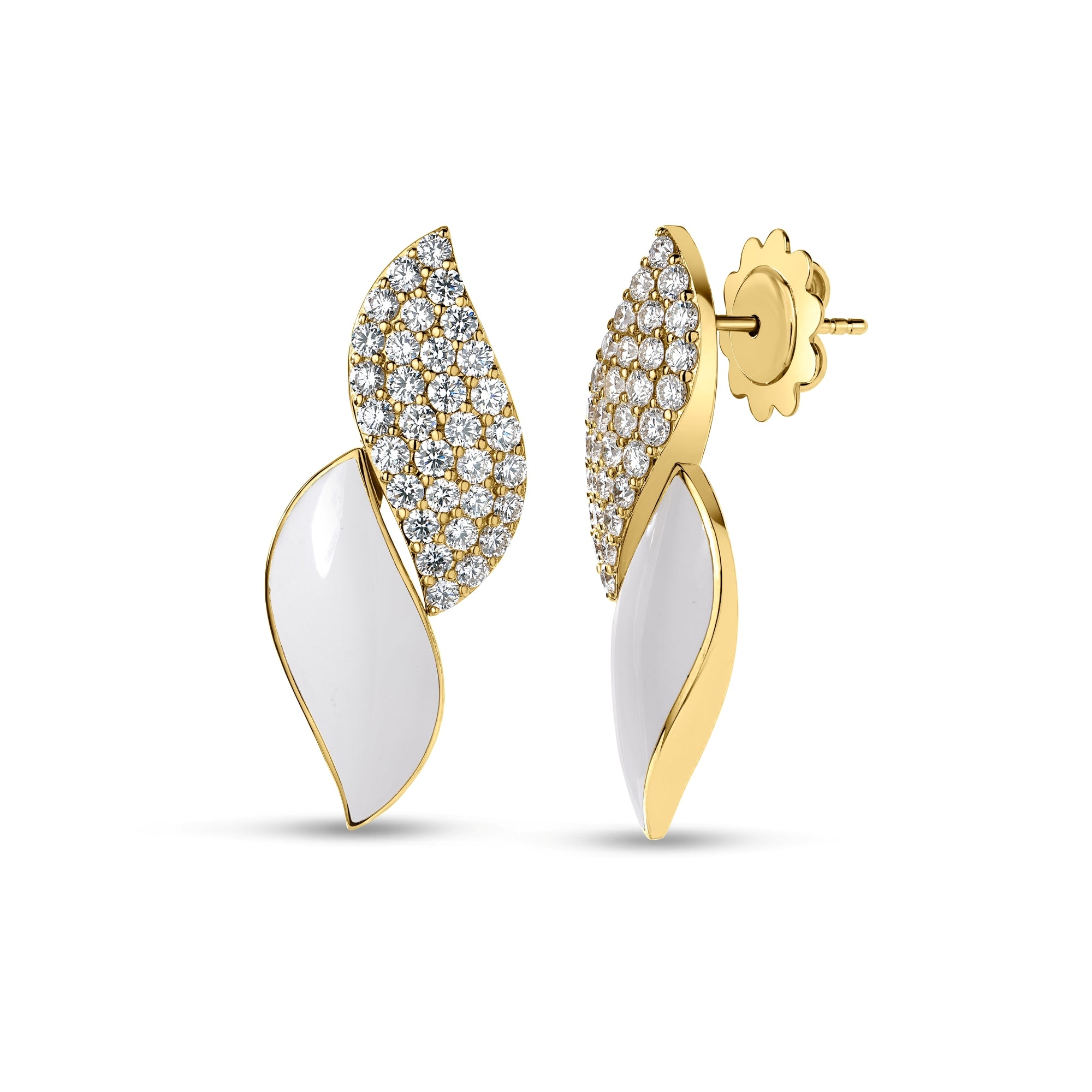18K YELLOW GOLD SAN MARCO DIAMOND AND WHITE ENAMEL LARGE STUD EARRINGS