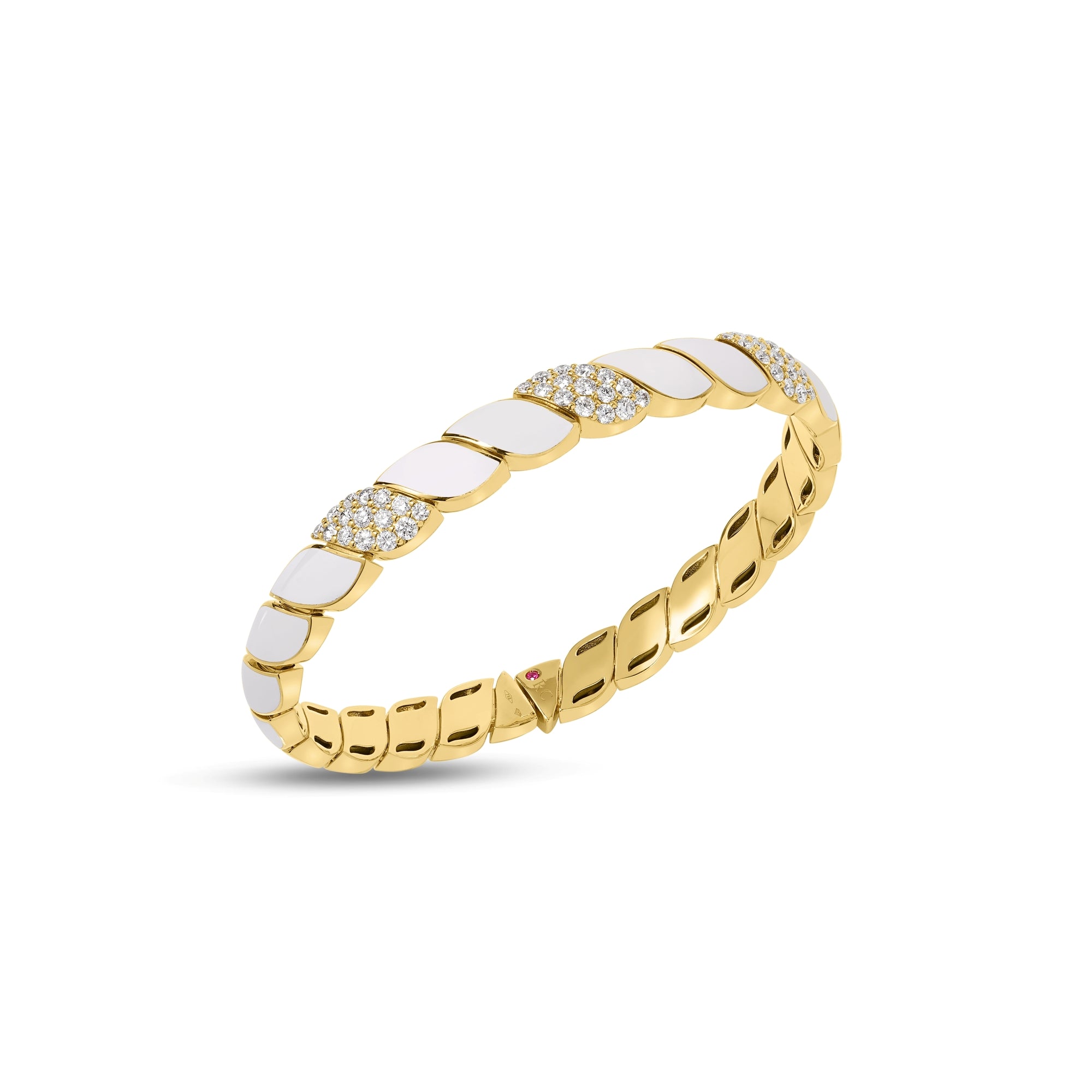 18K YELLOW GOLD SAN MARCO DIAMOND AND WHITE ENAMEL CUFF BANGLE