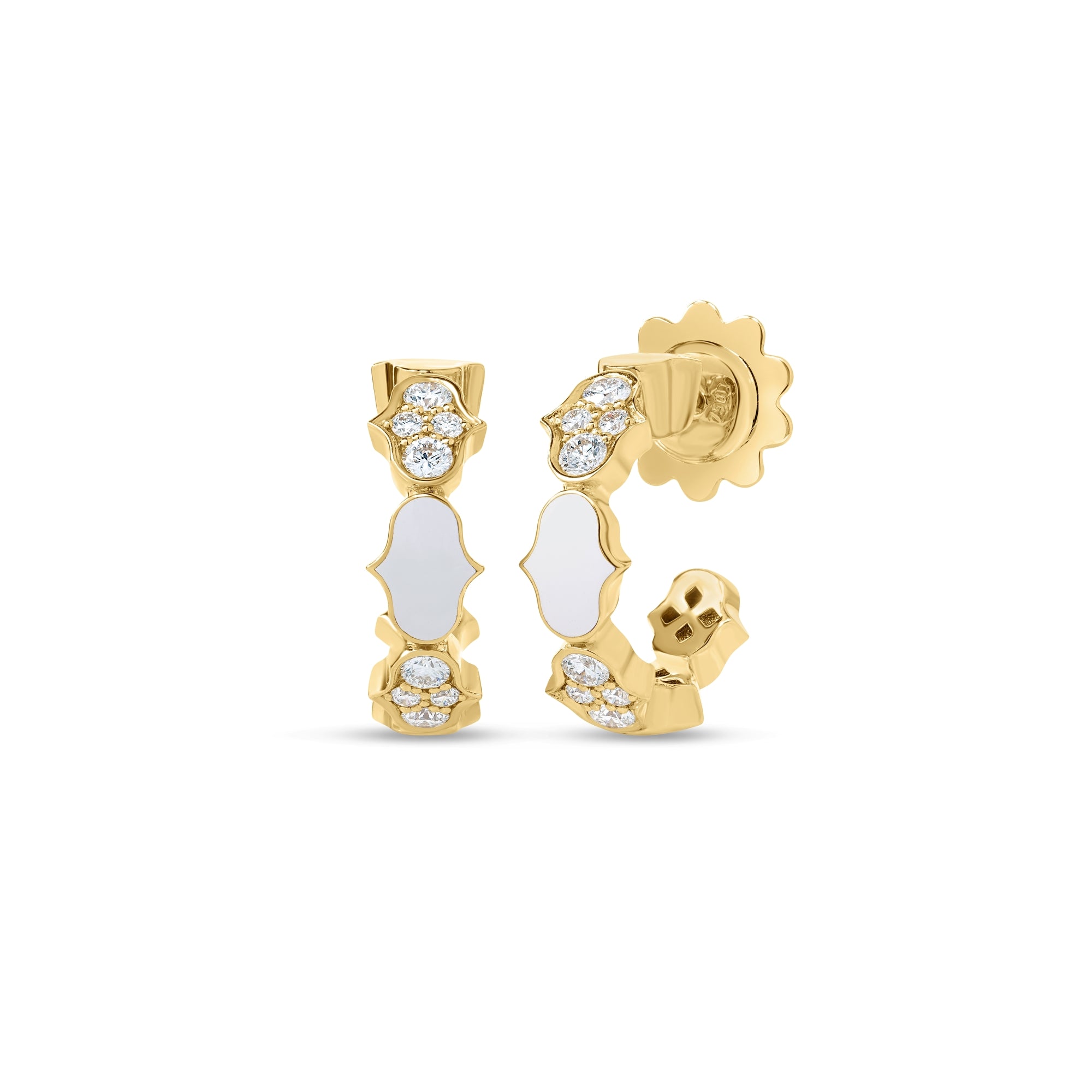 18K YELLOW GOLD COBRA DIAMOND AND WHITE ENAMEL SINGLE ROW HOOP EARRINGS
