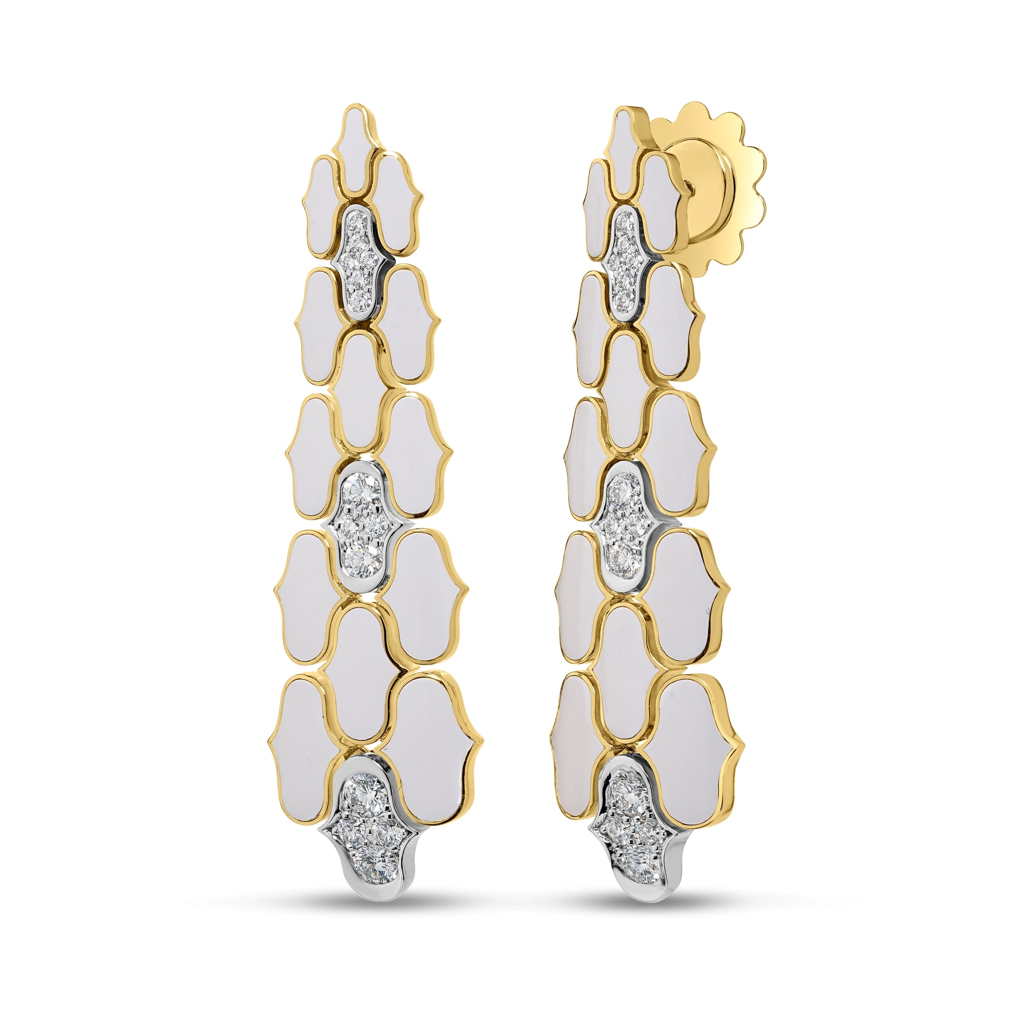 18K YELLOW/WHITE GOLD COBRA DIAMOND AND WHITE ENAMEL DANGLE EARRINGS